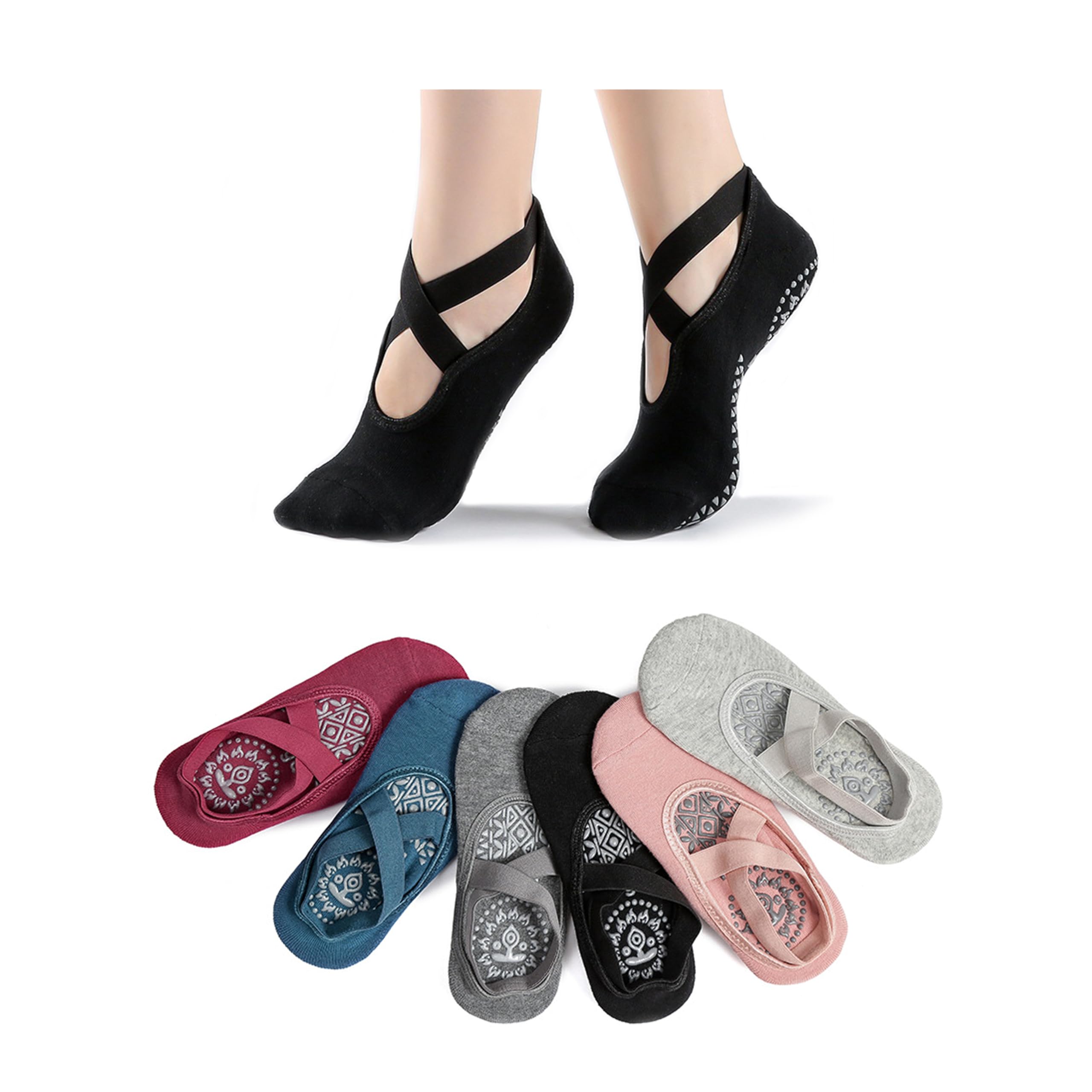 MUEMIIVE Pilates Socks with Grips for Women, Non Slip Lux Grip Socks Pilates with Straps, 6 Pairs Grippy Sock for Yoga Hospital Workout Barre (Black Gray Pink Red Size 5.5-11)