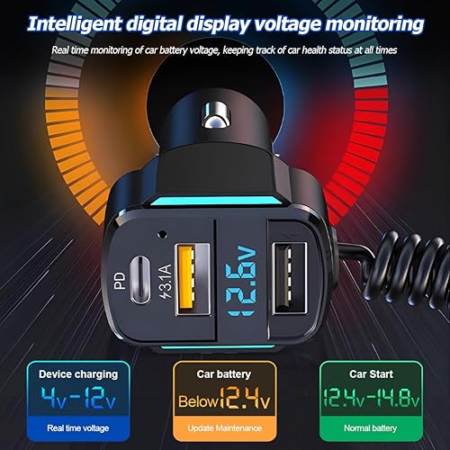 Miniatura 2 de Cargador de coche USB C, cargador de coche rápido de 3 puertos PD3.0 y QC3.0 con pantalla digital LED, adaptador de carga rápida para encendedor de