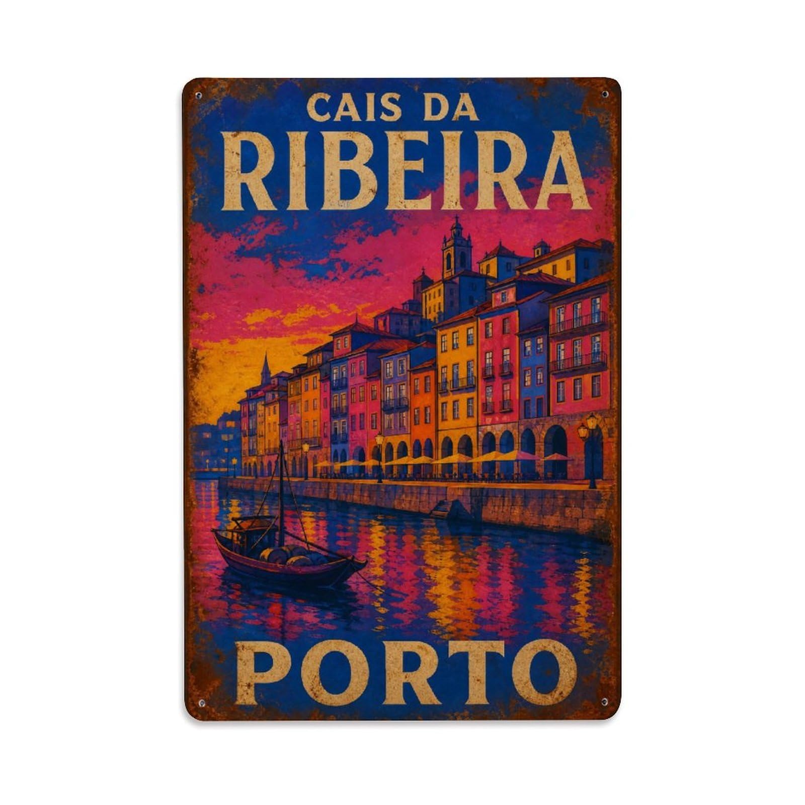 Yrnq 08X12inch Vintage Style Vintage Cais Ribeira Evening Riverside Portugal Metal Tin Sign