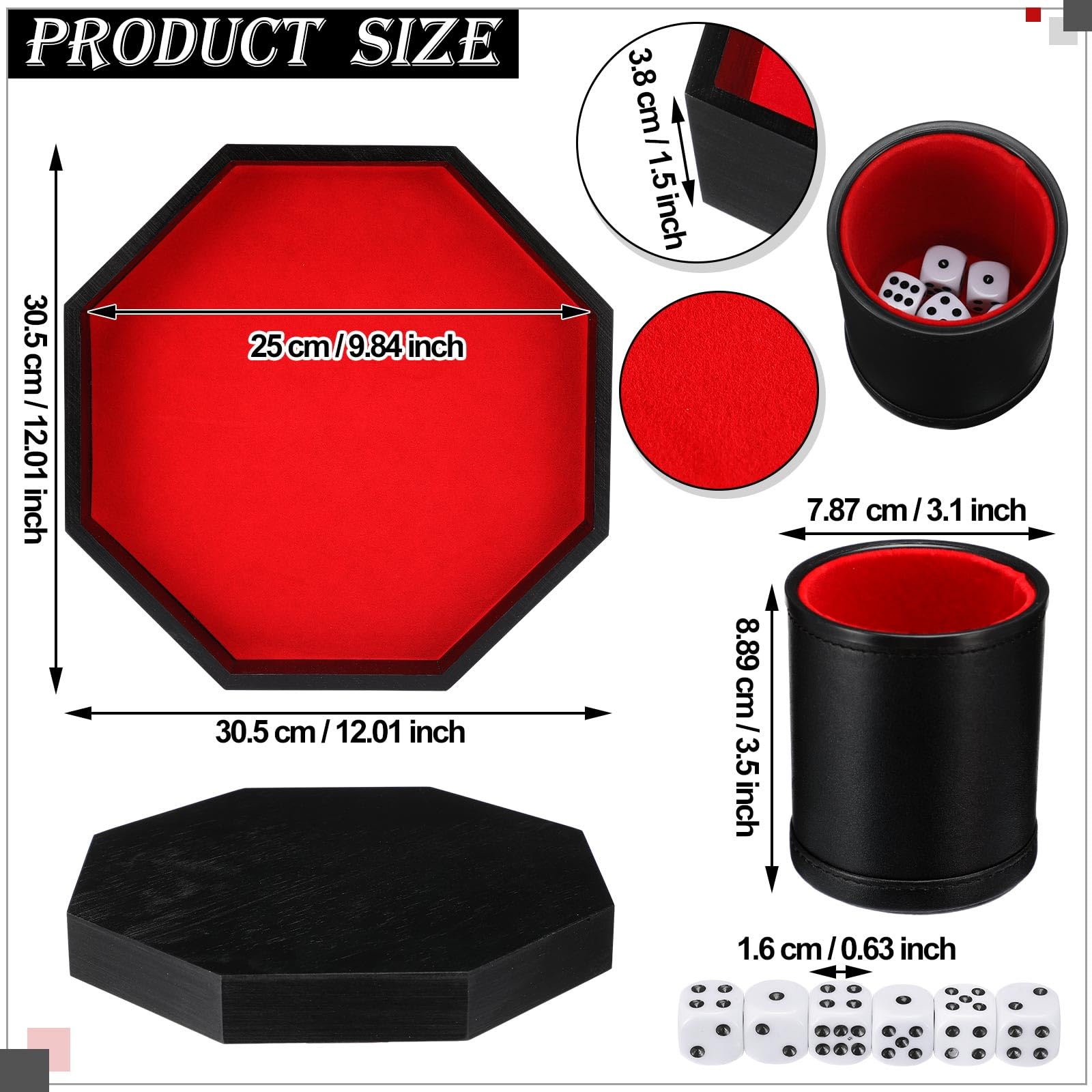 MiniInflat Achteckiges Würfelbecher-Set mit hölzernem Würfeltablett mit Filz ausgekleidetem PU-Leder Würfelbecher mit 6 Punkten für Tischspiele (schwarz)