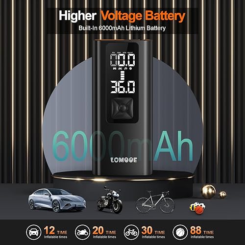 Miniatura 5 de Bomba de aire portátil, inflador de neumáticos de batería grande de 150 Psi y 6000 mAh, compresor de aire portátil, pantalla LCD precisa, inflador