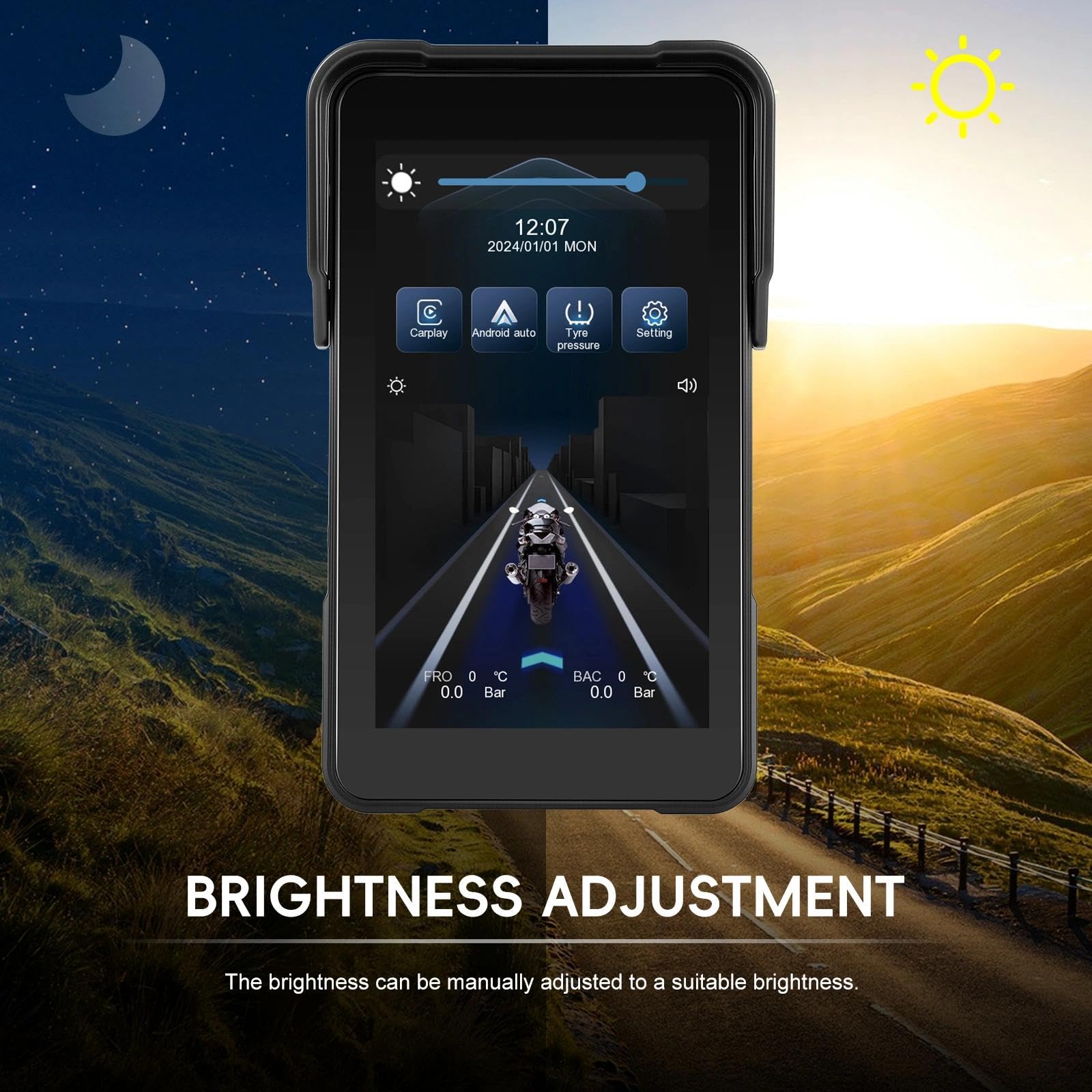 Pantalla CarPlay para Moto, Apple CarPlay y Android Auto Inalámbricos, Pantalla HD de 5" para Motocicleta, Impermeable IP68 con Bluetooth, Compatible con TPMS, Soporte Antirrobo Desmontable