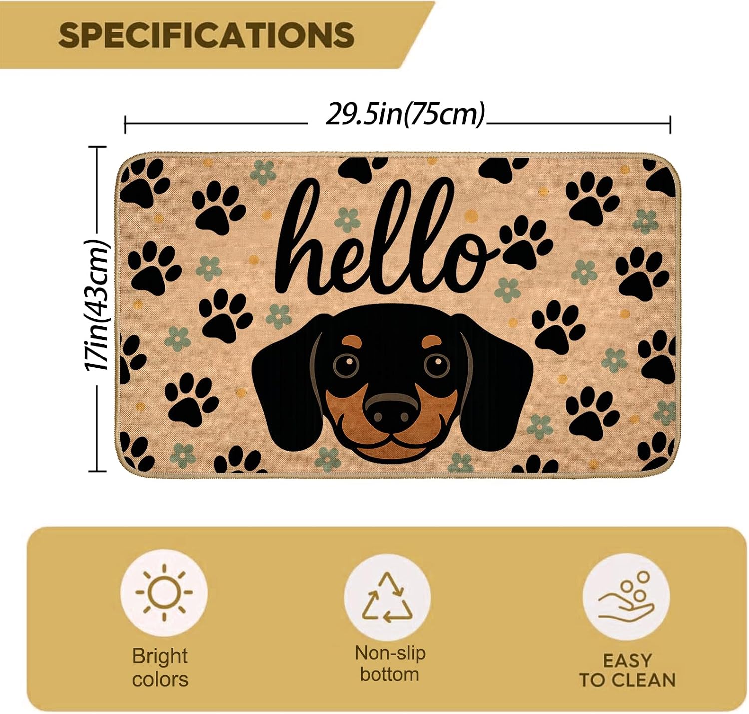 Dachshund Welcome Door Mat,29.5x17inch,Indoor Outdoor Linen Floor Mats with Cute Dog Face,Paw Print and Blue Floral,Non-Slip Rubber Backing Doormat,Decor Gifts Rug for Entrance Kitchen Bedroom