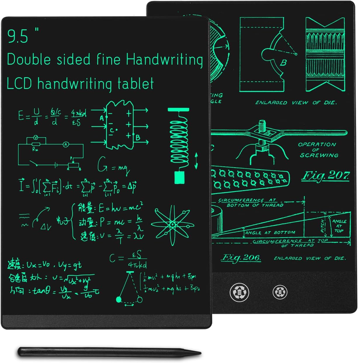 LCD Writing Tablet 2 Sides Screen Erasable Reusable 9.5inch and 8.5inch Electronic Drawing Pads Portable Digital Scratchpad for Kids Adults Home Office (Black)