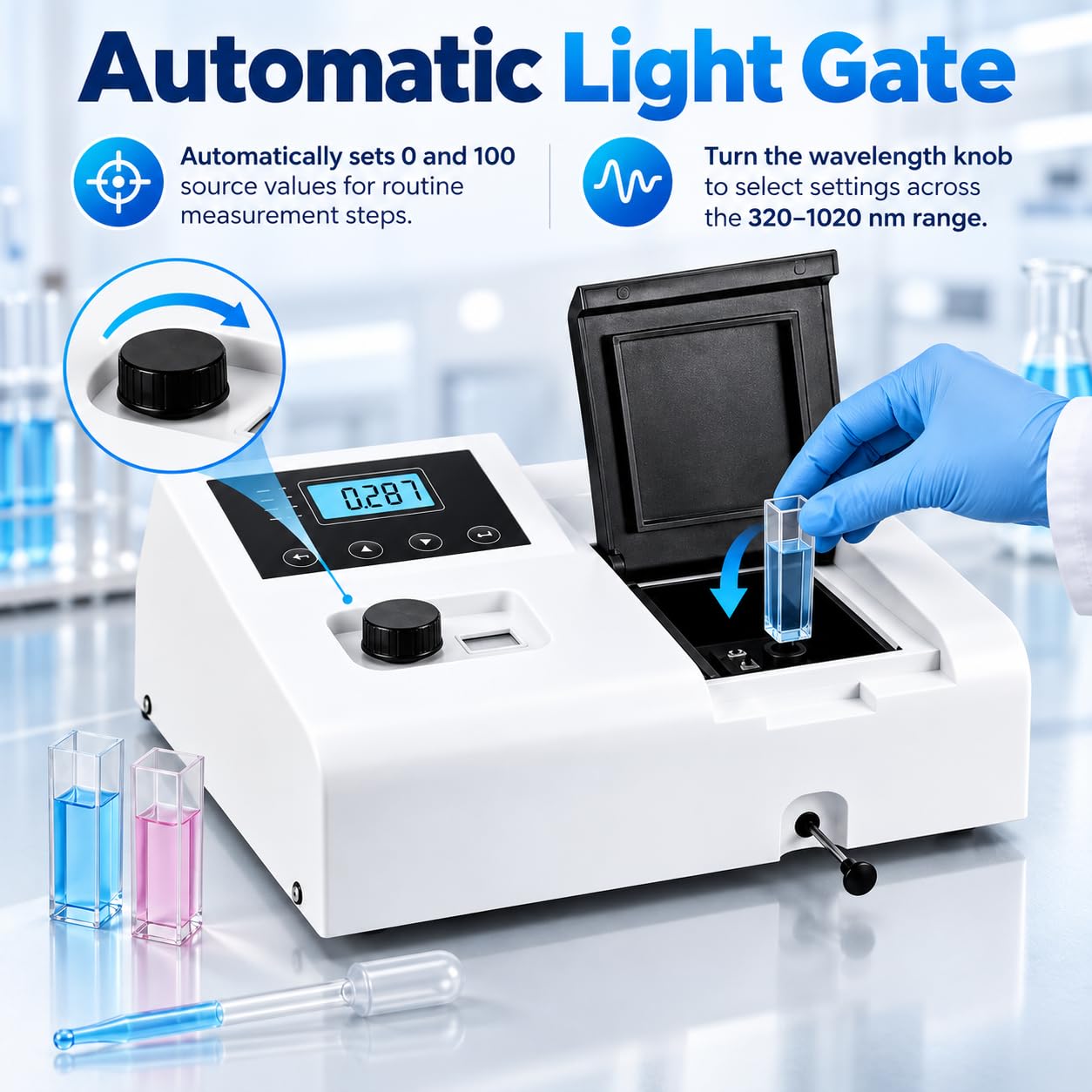 Espectrofotómetro digital portátil, rango de 320-1020 nm, ancho de banda de 6 nm