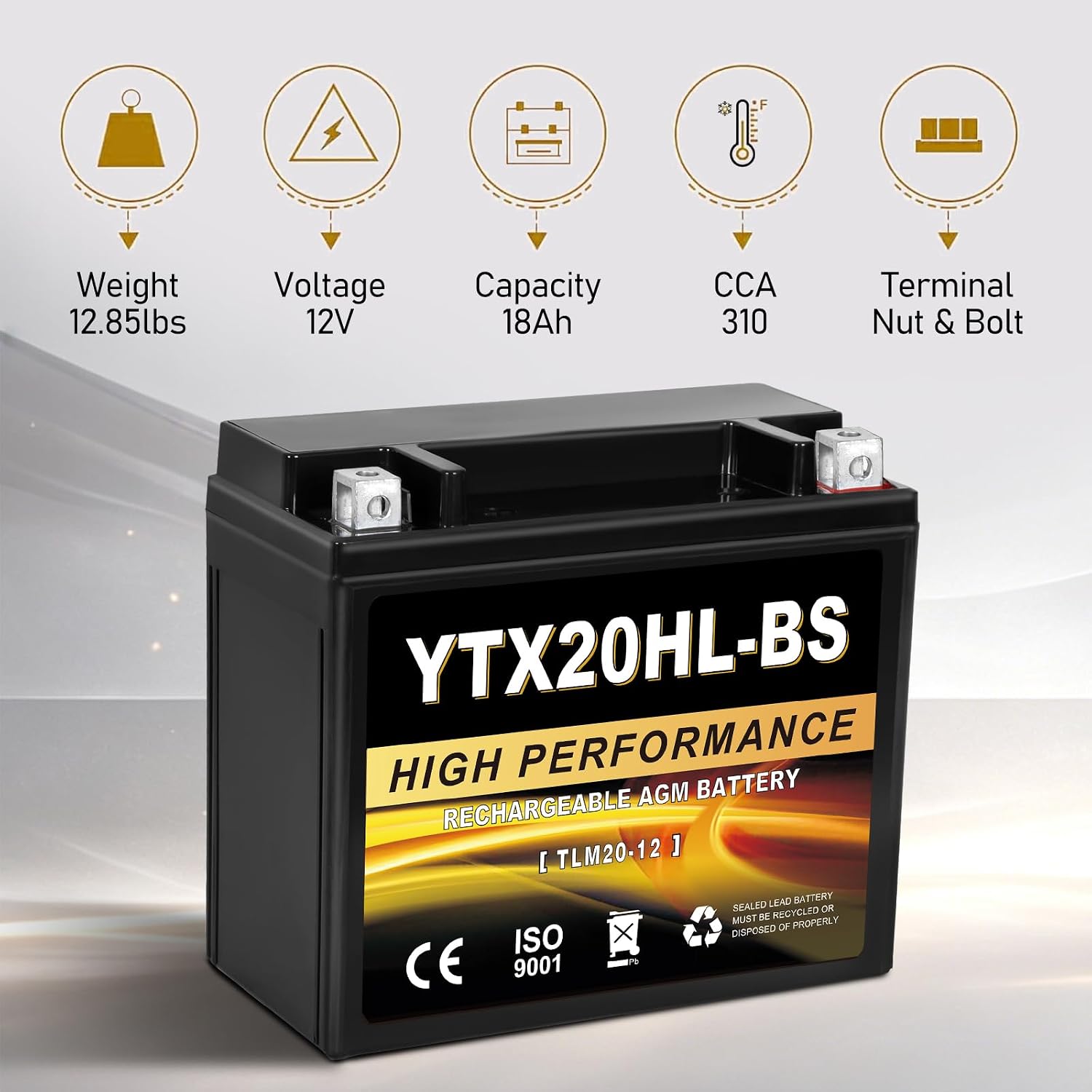 YTX20HL-BS 12V 20Ah AGM Sealed Motorcycle Battery, Maintenance-Free, Compatible with Harley Davidson, Honda, ATV, UTV, Snowmobile Replacement