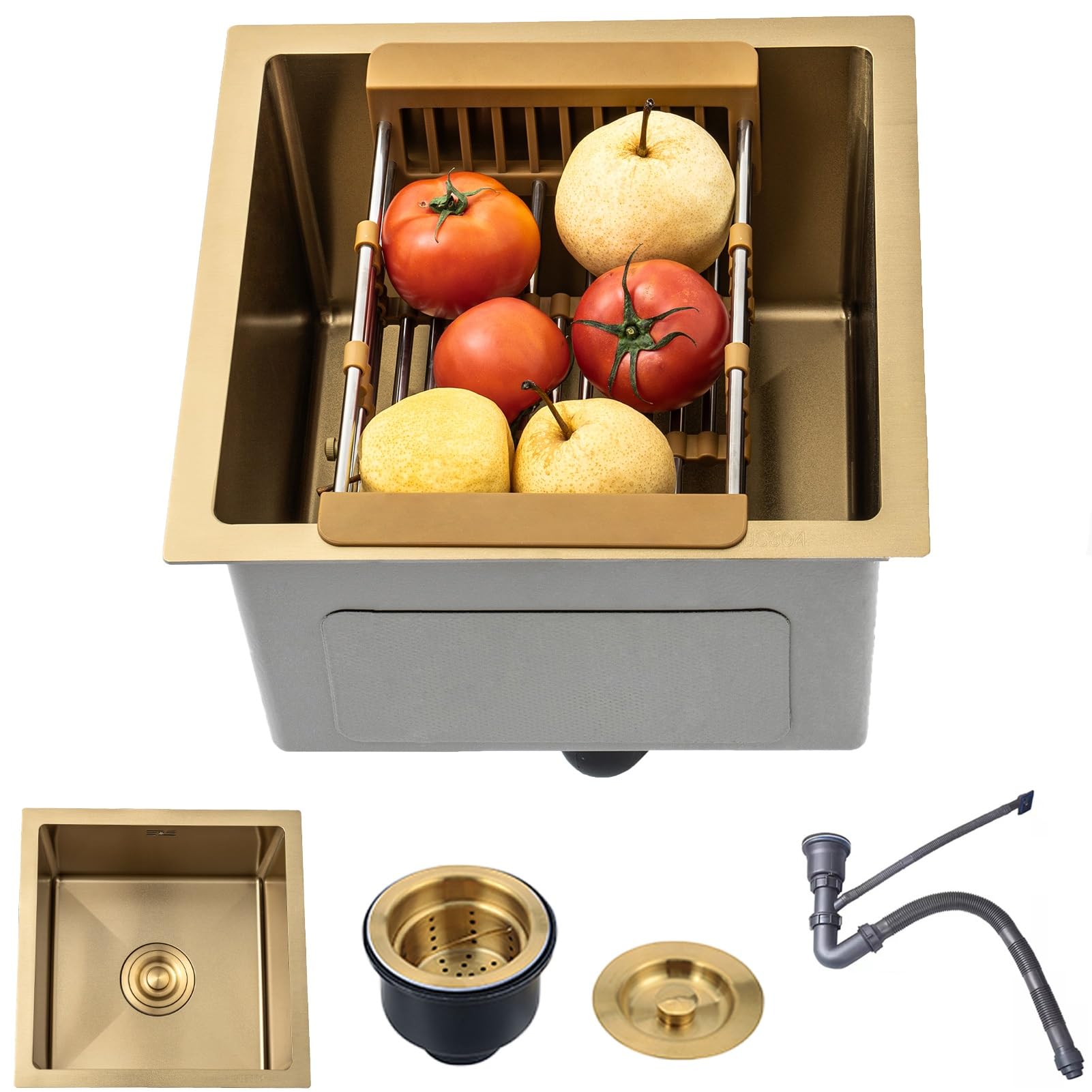 WIQUYBML Gold Mini Sink Undermount, Drop-In Bar Sink, Topmount Small Kitchen Single Basin Stainless Steel Workstation With Accessory Set(38x38cm)