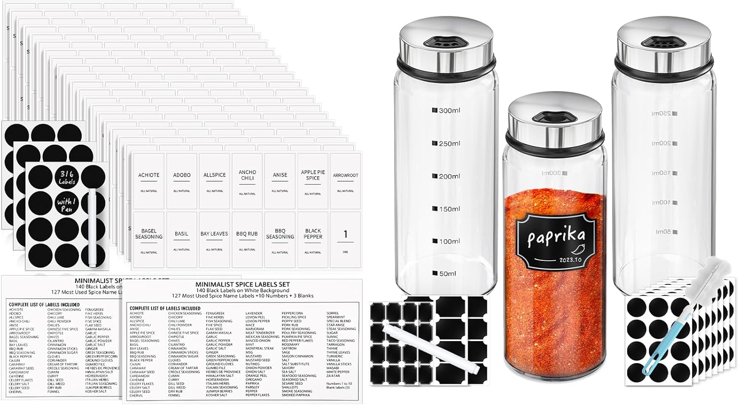 Segarty Spice Jars with Labels, Included 3 Pack 10oz Glass Spice Jar and 316 Preprinted Seasoning Labels, Condiment Containers Salt Pepper Shakers