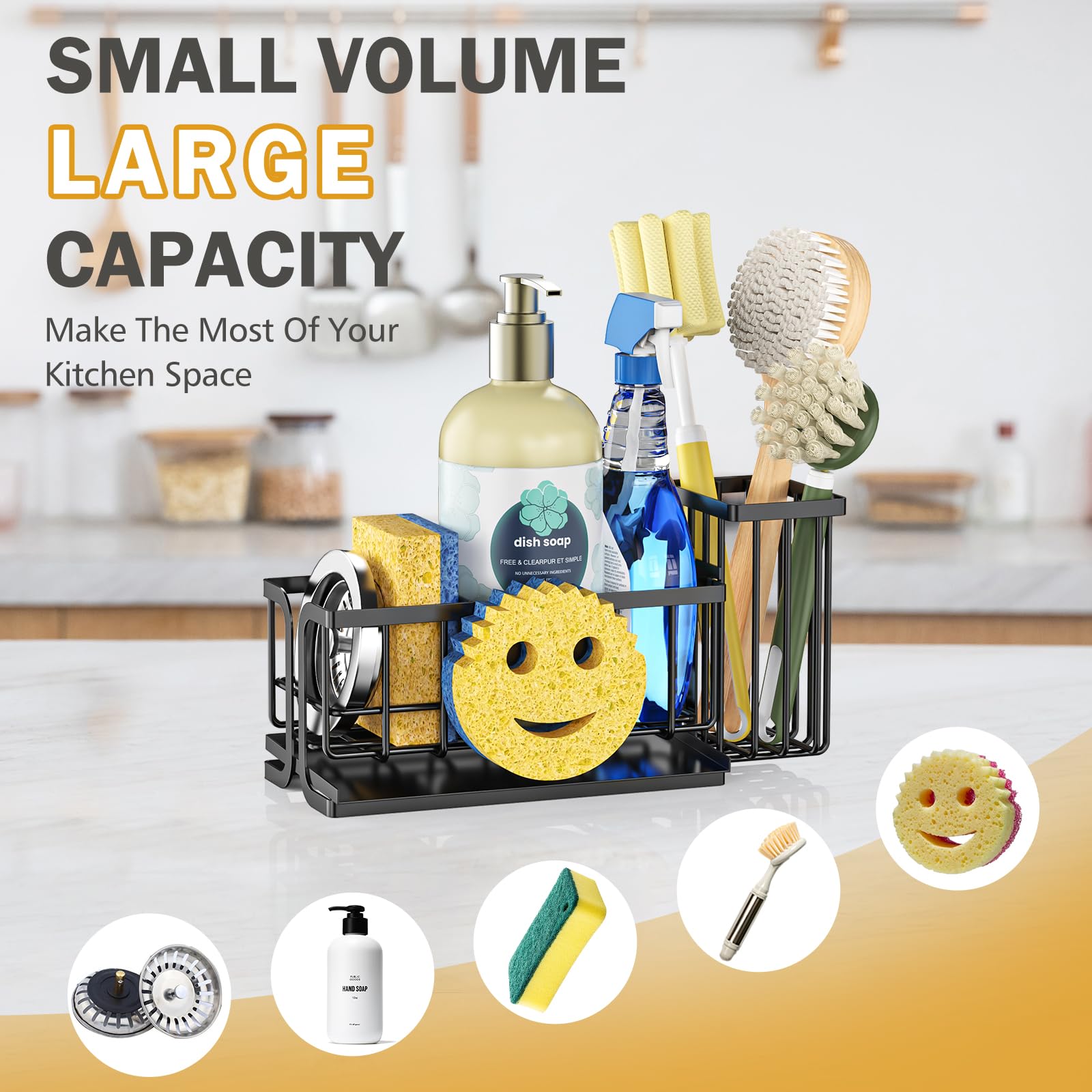 Epicano Sink Caddy Sponge Holder Smiley Face Sponge Rack with High Brush HolderRustproof Kitchen Countertop OrganizerKitchen Gadgets Sink Accessories Black product thumbnail 7