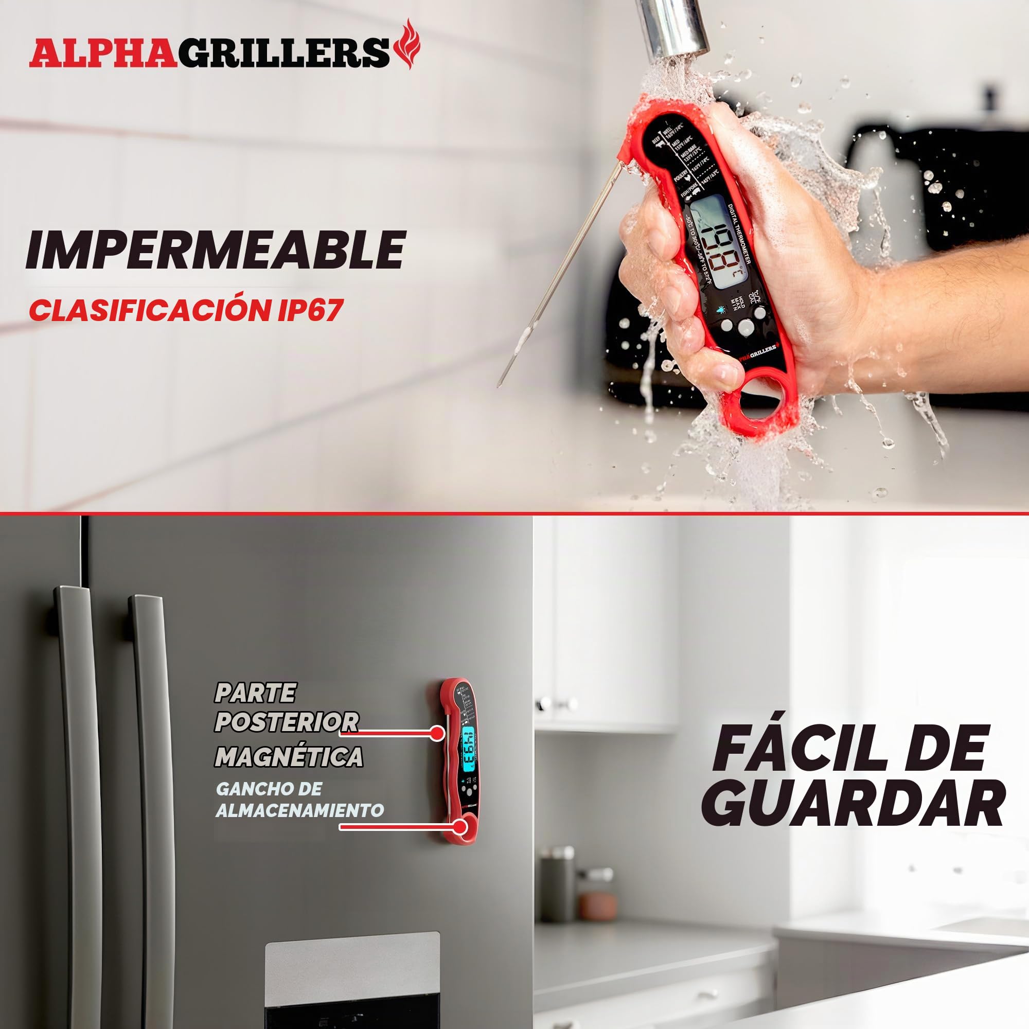 Vegena - Termómetro de barbacoa para carne, termómetro de barbacoa, termómetro de horno, 2 sondas con preajuste de temperatura, despertador de cocina, retroiluminación azul, pared trasera magnética