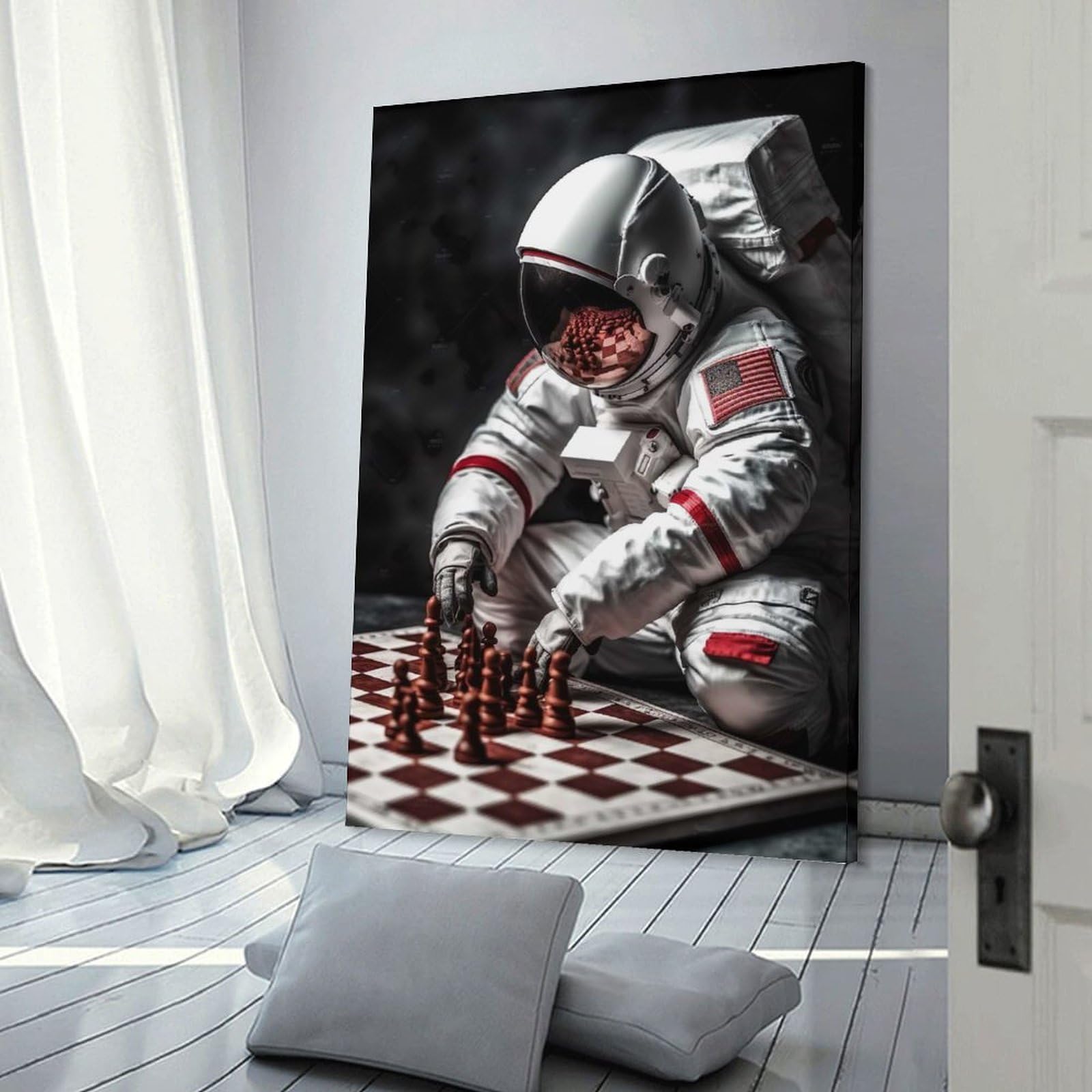 Junmoney Frame-Us Astronaut Playing Chess Decorative Wall Artwork Us Astronaut Playing Chess, 20X30inch(50X75cm), For Lounge, Bedroom Or Personal Spaces, Thoughtful Wall Decor For Art Lovers