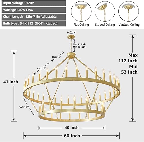 Miniatura 10 de EGM Candelabro de rueda de carro de 2 niveles, 30 luces, 40 pulgadas, extra grande, de níquel, redonda, rústica, para techos altos (2 niveles)