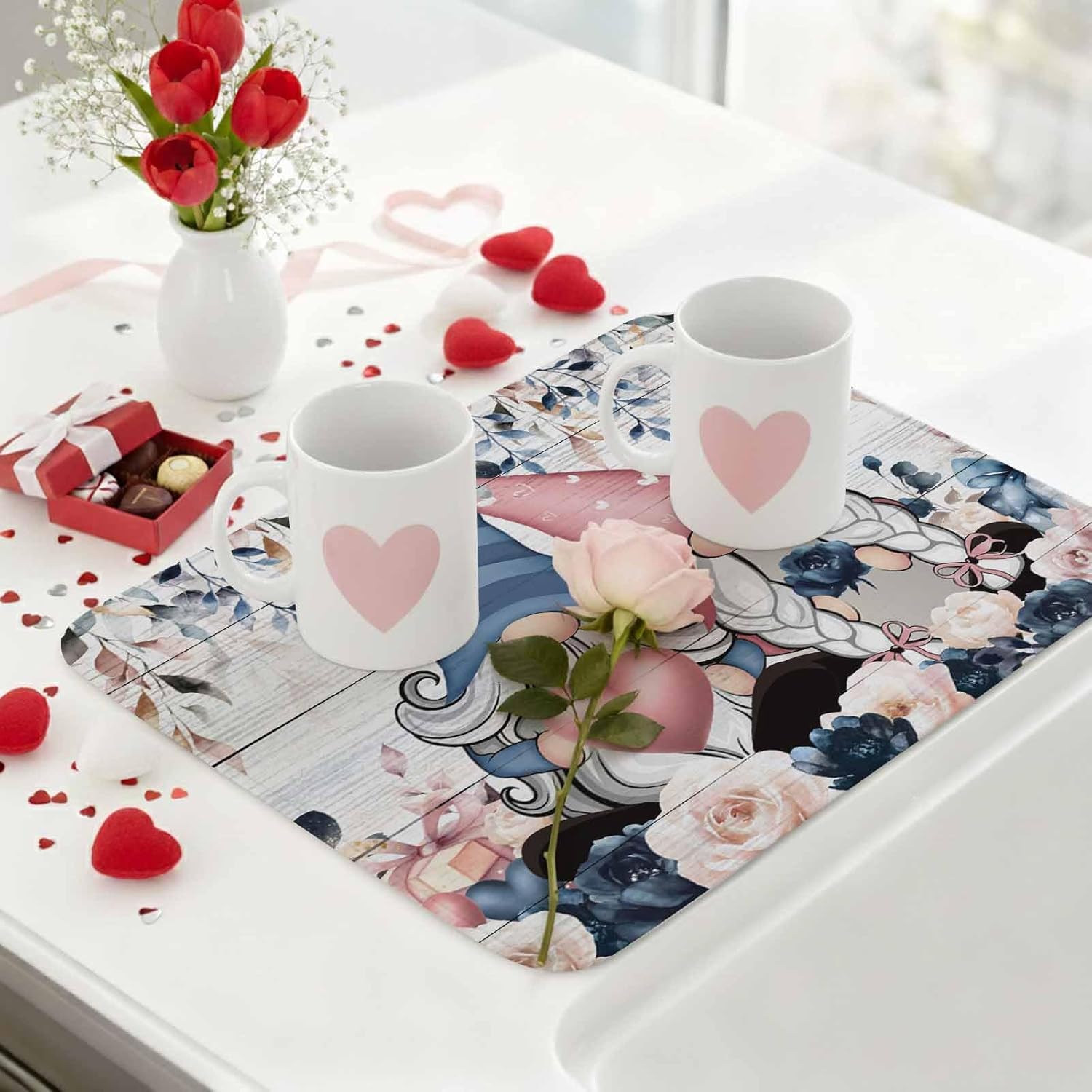 Valentine's Day Dish Drying Mat 2 Pack, Dwarfs Black Pink Rose Love Heart Wood Grain Absorbent Heat Insulating Kitchen Drying Pad Drainer Mats for Sink Counter Pot Dishes 18 X 24 Inch