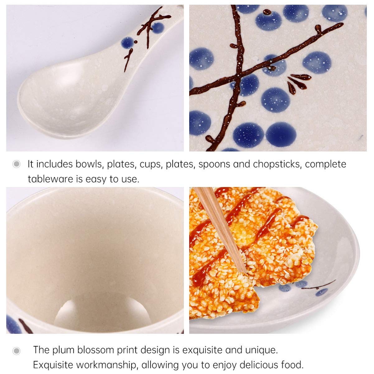 Générique Service de Table Japonais 6 pièces en céramique, Assiette, Bol, Tasse, cuillère, Baguettes, Bols à céréales et Nouilles