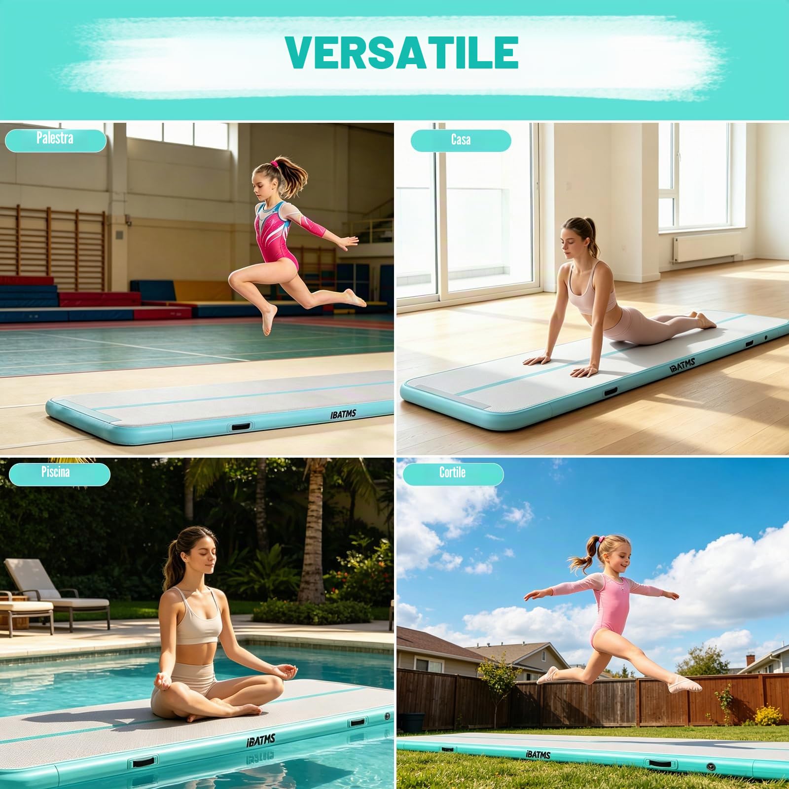 IBATMS Air Track Ginnastica Artistica 3/4/5/6 Metri, Tappeto Ginnastica Artistica da Casa con Pompa Elettrica, Tappetino Gonfiabile per Allenamento Yoga Cheerleading Fitness, 300x100x10cm Verde Menta