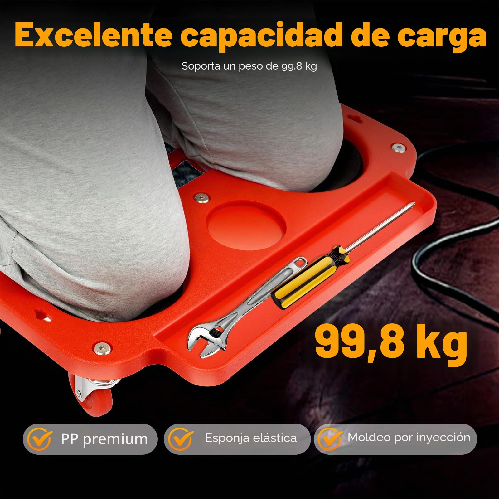 Rodilleras con 5 ruedas, capacidad de carga de 100 kg, diseño ergonómico, para construcción y jardinería, rojo/negro