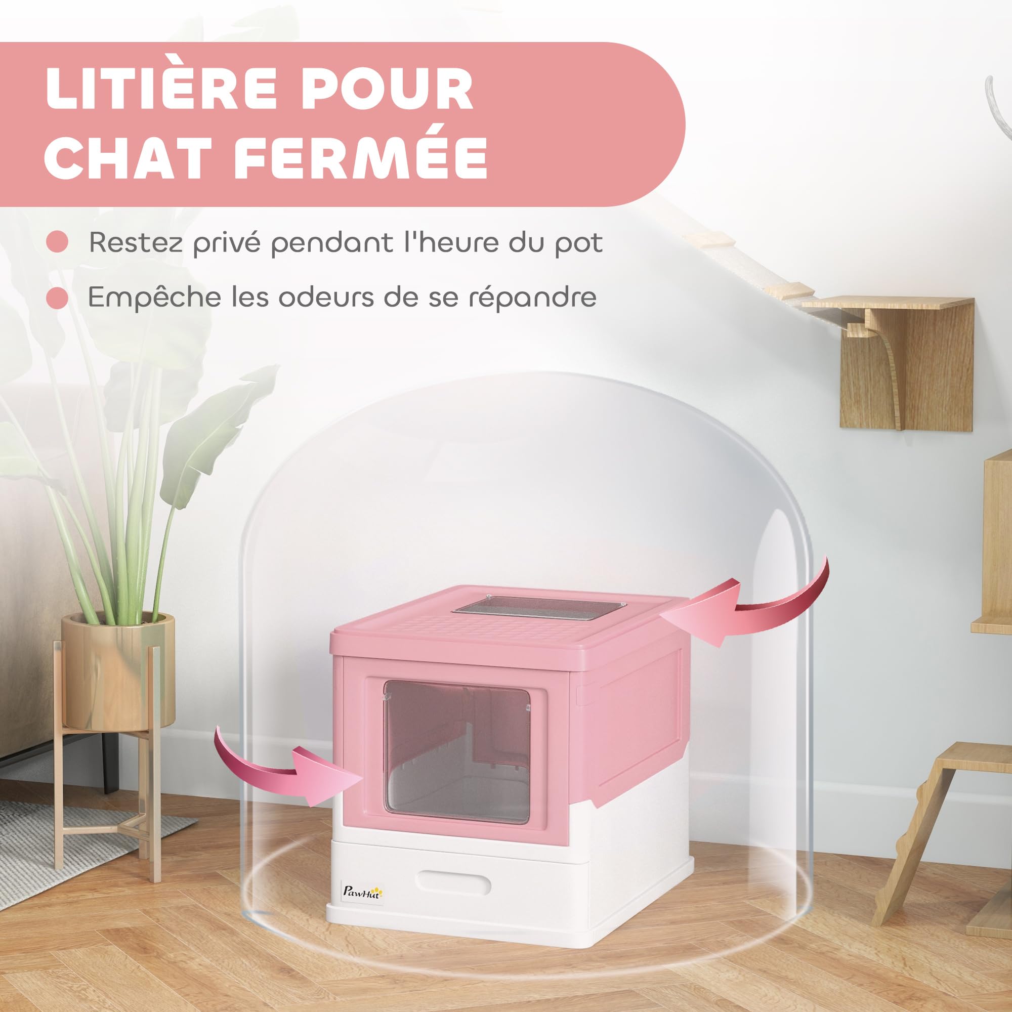 PawHut Bac à litière pour Chat Maison de Toilette fermé Pliable Double Porte battante et supérieure + Pelle + tiroir Amovible Anti-éclaboussures Nettoyage Facile - 47,5x35,5x36,7cm Rose Blanc
