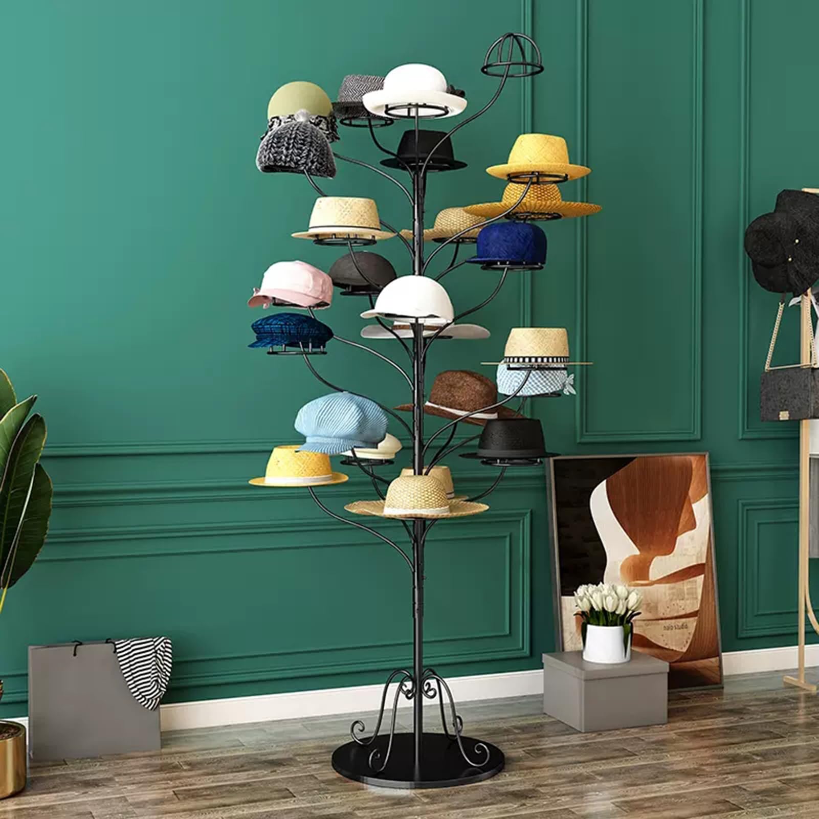 YNBSHGAA Freestanding Metal Hat Display Stand - Commercial Rack for Baseball Caps, Stylish nizer for Home & Stores, Perfect for Hat Collection & Retail Use,Black-Adult Capacity 25