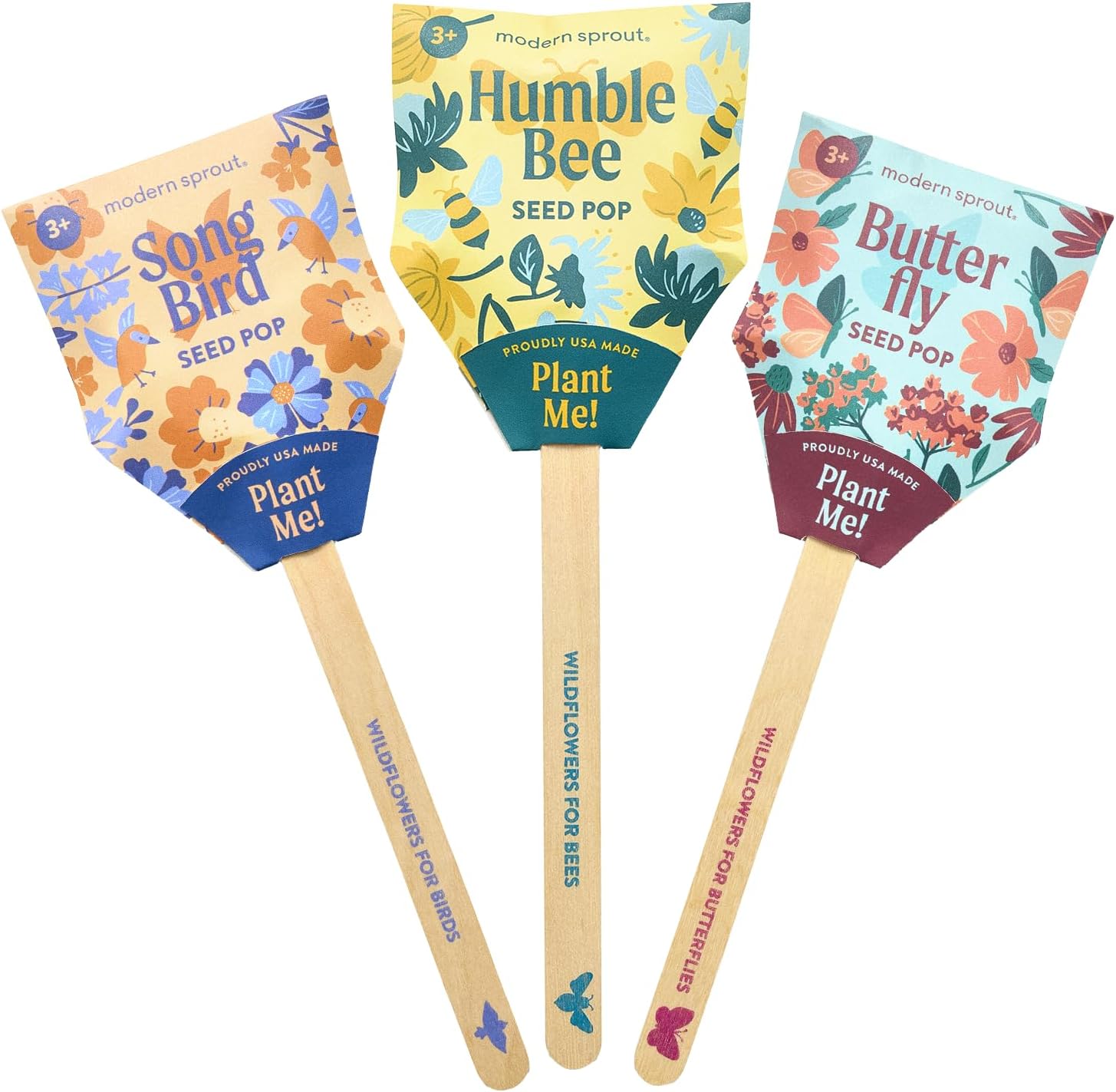 Modern Sprout Seed Pops - Organic Non-GMO Humble Bee Butterfly & Song Bird Wildflower Seeds - Ideal for Indoor & Outdoor - Easter Basket Essentials - Gift for Kids Adults & Plant Lovers (Pack of 12)