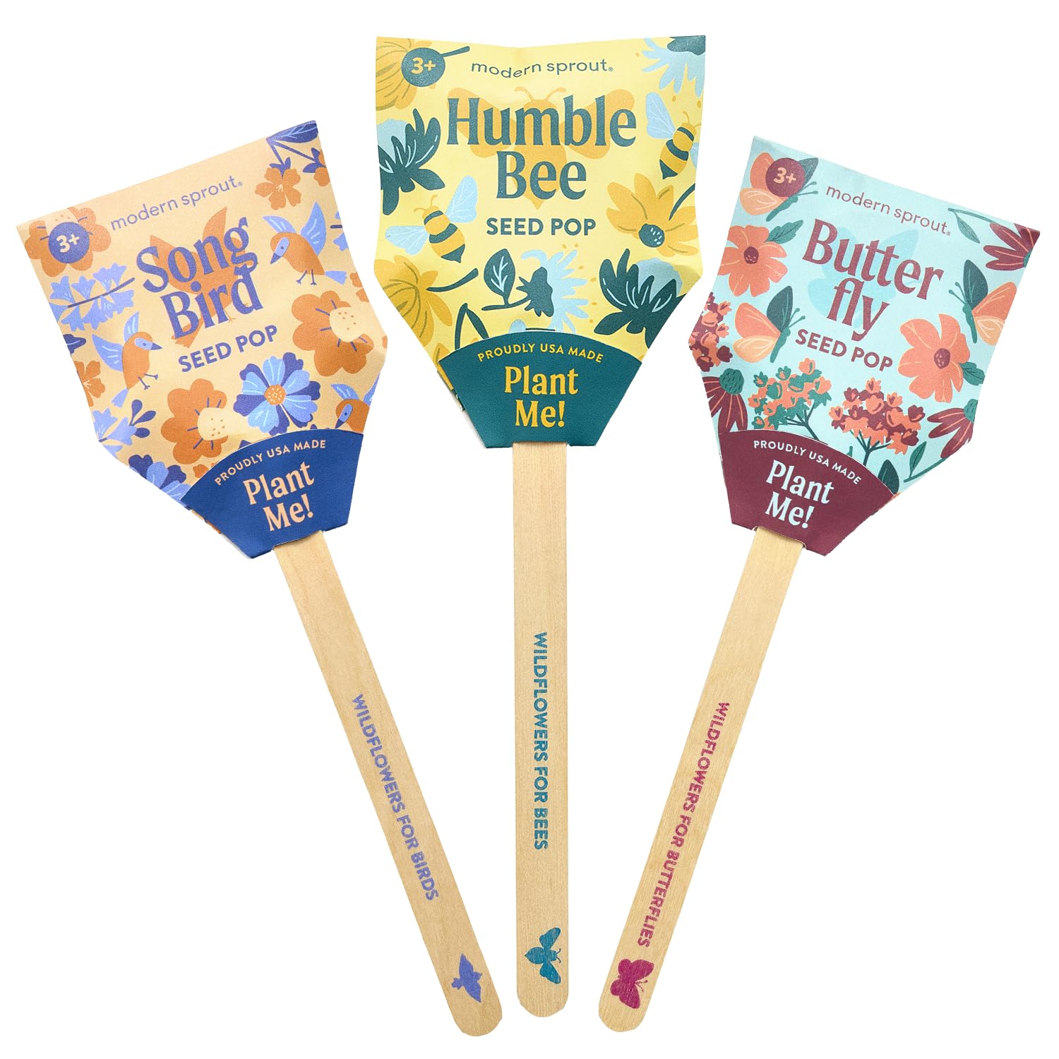 Modern Sprout Seed Pops - Organic Non-GMO Humble Bee Butterfly & Song Bird Wildflower Seeds - Ideal for Indoor & Outdoor - Spring Activity for Kids -