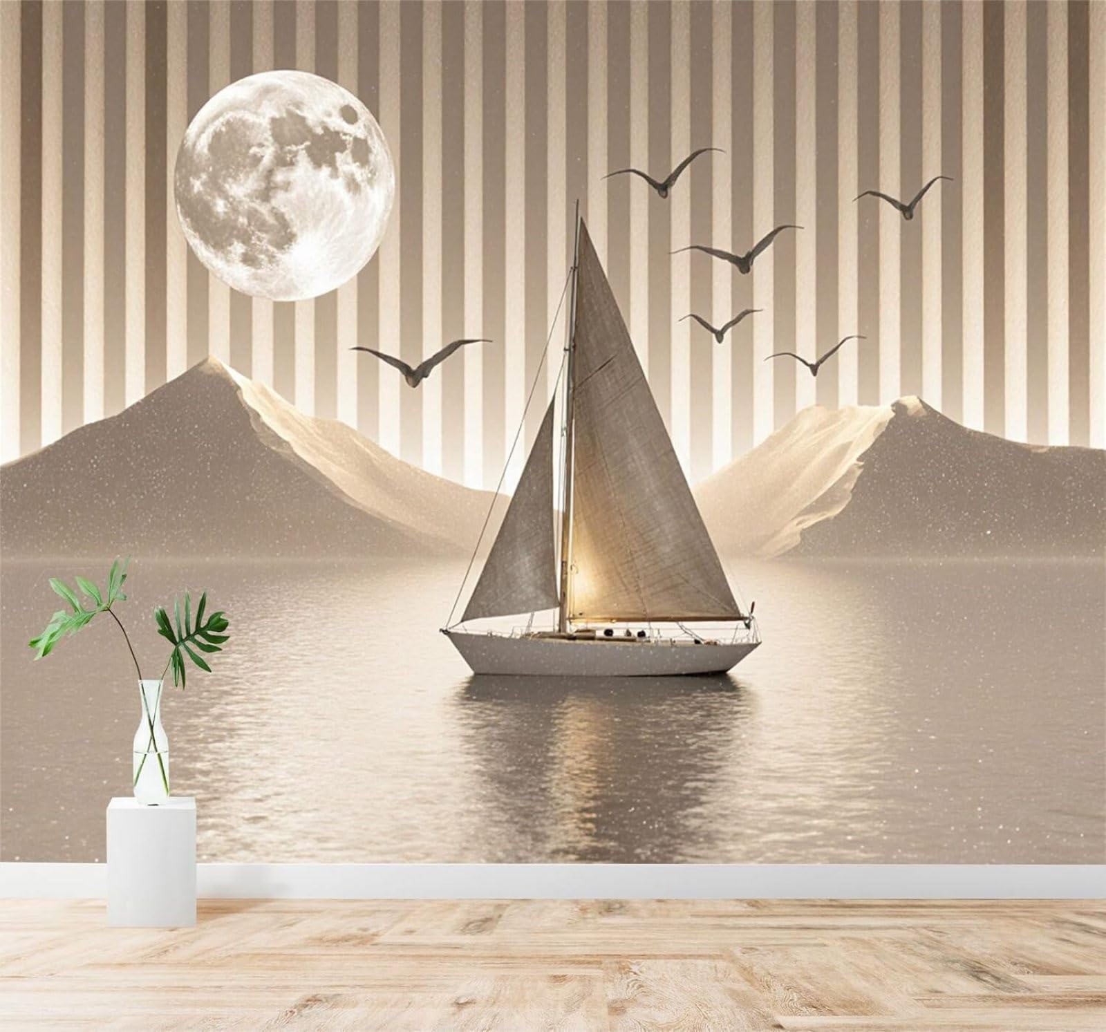 Xlming 350Cm×256Cm(B×H) Sailing Boat Calm Sea Moon Mountains Birds In Flight 3D Wallpaper Silky Texture Home Study Office Grey Dining Room Sofa Bedroom Living Room Tv Backdrop-350Cm×256Cm