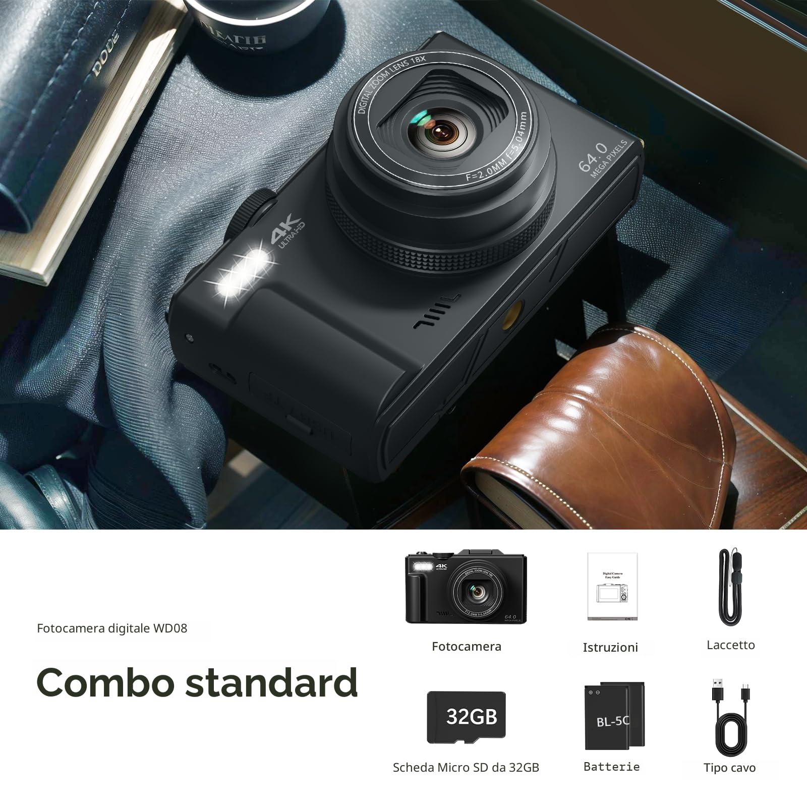 Fotocamera Digitale 4K VJIANGER per Fotografia e Vlogging, 64 MP con Schermo Flip 180° da 3 Pollici (7,6 cm), Zoom Digitale 18X e Flash, WiFi, 32 GB Micro SD