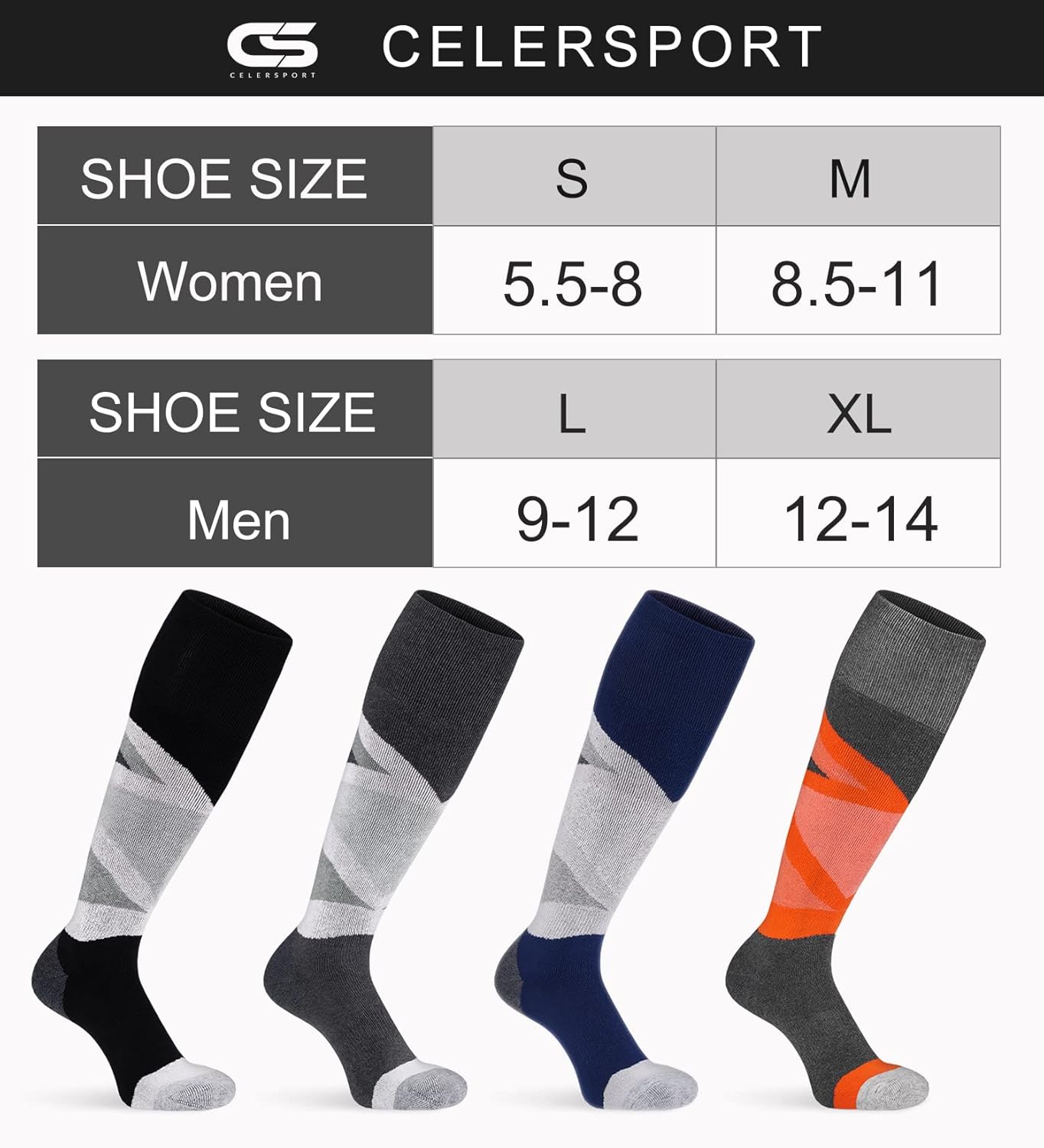 CS CELERSPORT 2 Pack Merino Wool Men's Ski Socks with Full Cushion, Winter Warm Thermal Socks for Skiing Snowboarding, Light Grey+Orange, Large - Image 2