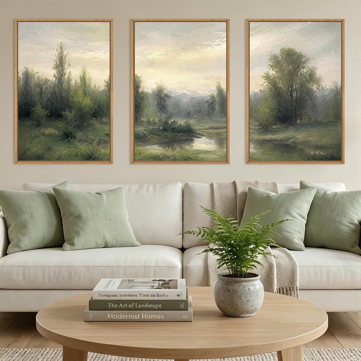 ANHUIB Abstract Monet Forest Canvas Wall Art 24x36 Inch Vintage Framed Sage Green Nature Painting Textured Neutral Woodland Landscape Artwork Prints Set of 3 Impressionist Pine Tree River Print for Living Room Bedroom Office