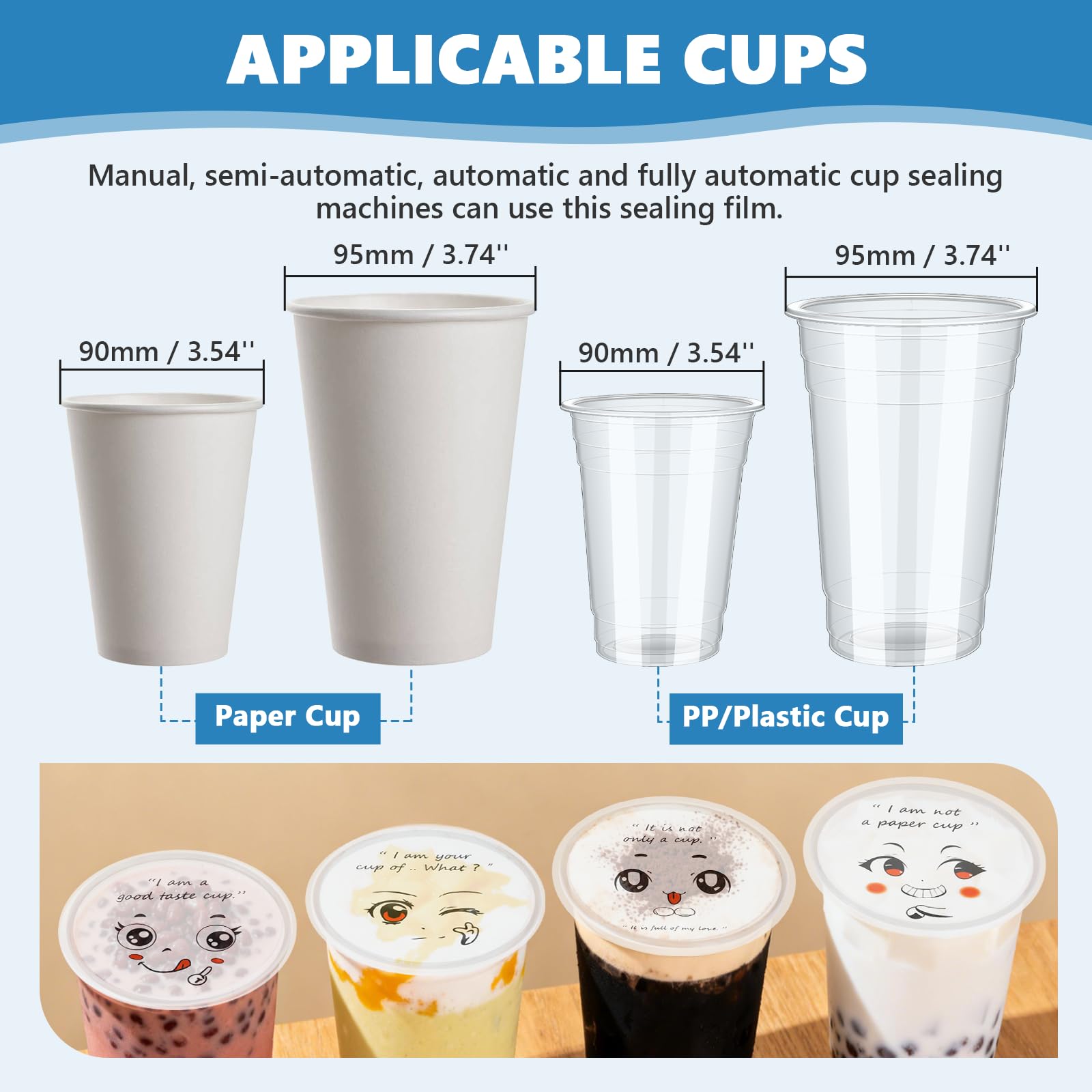 MXBAOHENG 3000 Film de scellage de tasses 90-95 mm pour gobelets en plastique/gobelets en carton, Film d'étanchéité en plastique, Film anti-fuite pour les magasins de boissons pour jus, thé, café
