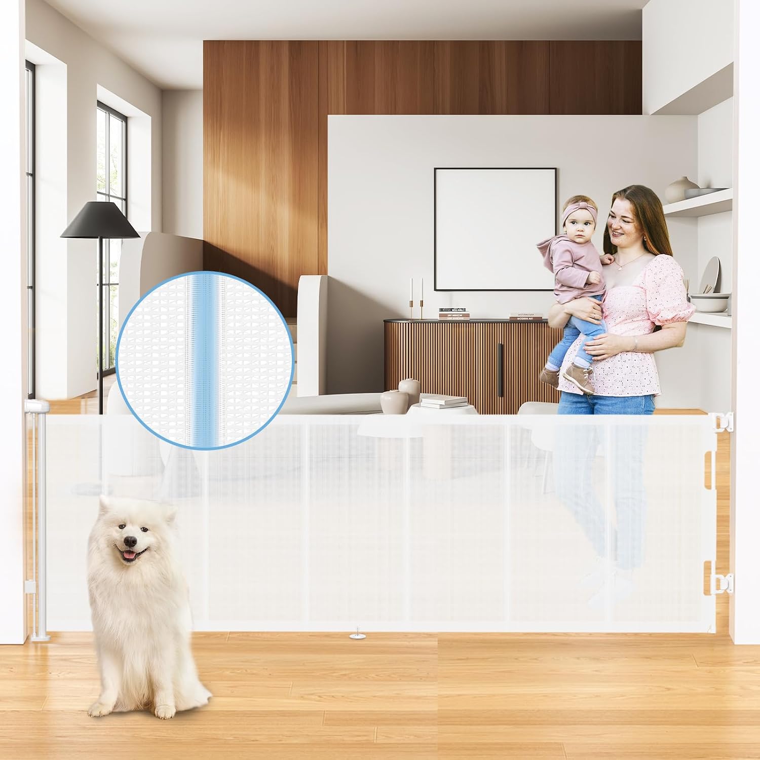 HAMOPY 120 Inch Reinforced Strip Extra Wide Retractable Baby Gate, 33" Tall, Prevent Crawling Through, Wide Extra Long Child Safety Gate for Indoor Baby Fence, Outdoor, Stairs, Deck(White)