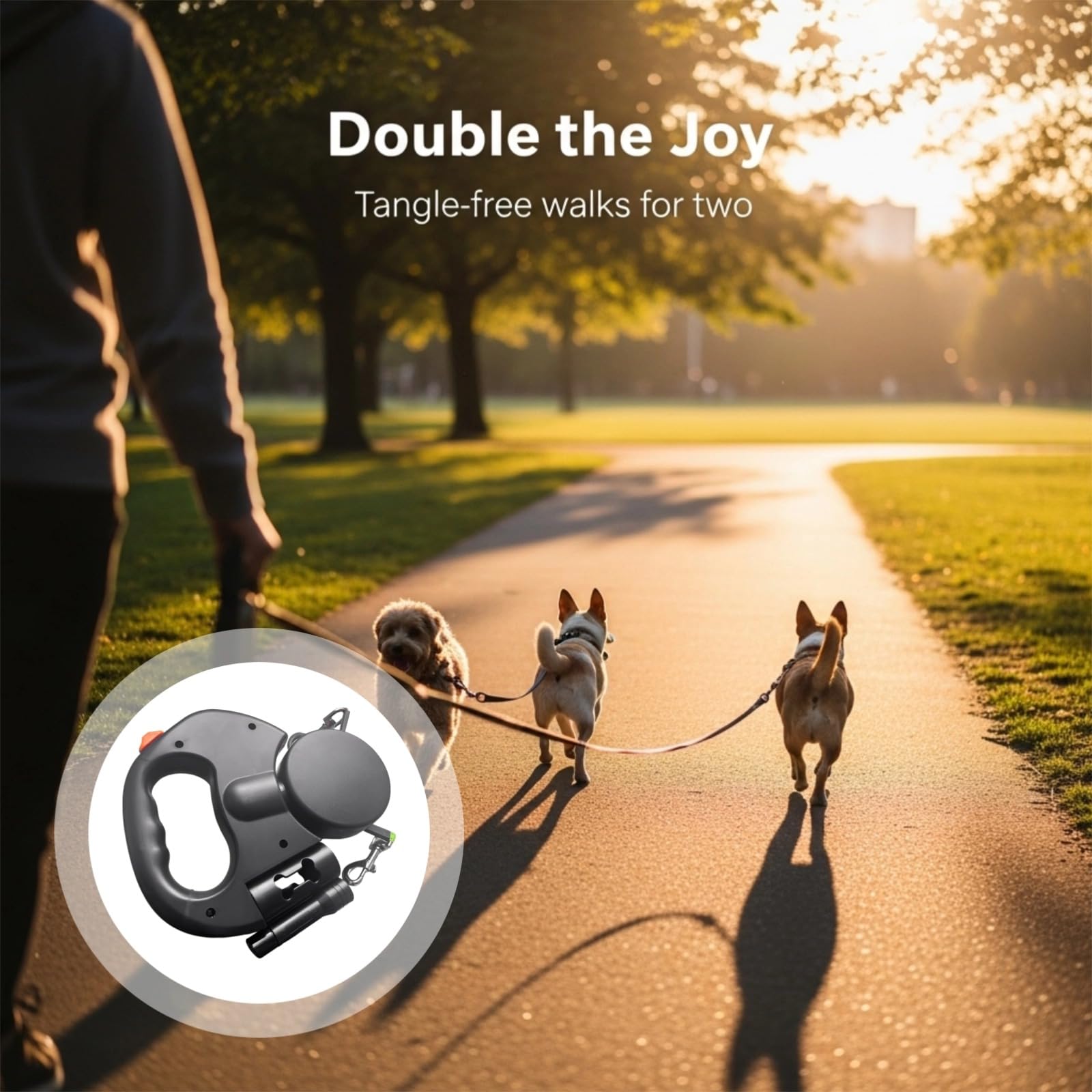 Double laisse rétractable pour deux chiens de taille moyenne et petite, double laisse pour chien avec design anti-enchevêtrement, contrôle à code couleur, laisse réfléchissante, prise en main