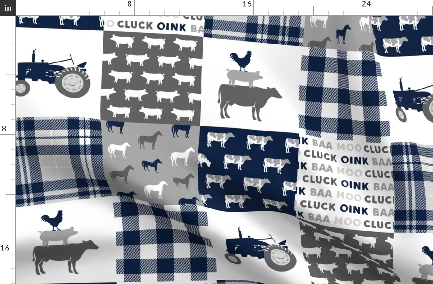 Spoonflower Fabric - Farm Patchwork Blue Buffalo Plaid Tractor Country Rustic Quilt Topper Printed on Organic Cotton Sateen Fabric by The Yard - Sewing Quilting Apparel Home Decor