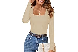 Women's 2024 Square Neck Long Sleeve Ribbed Knit Slim Fitted Casual T-shirt