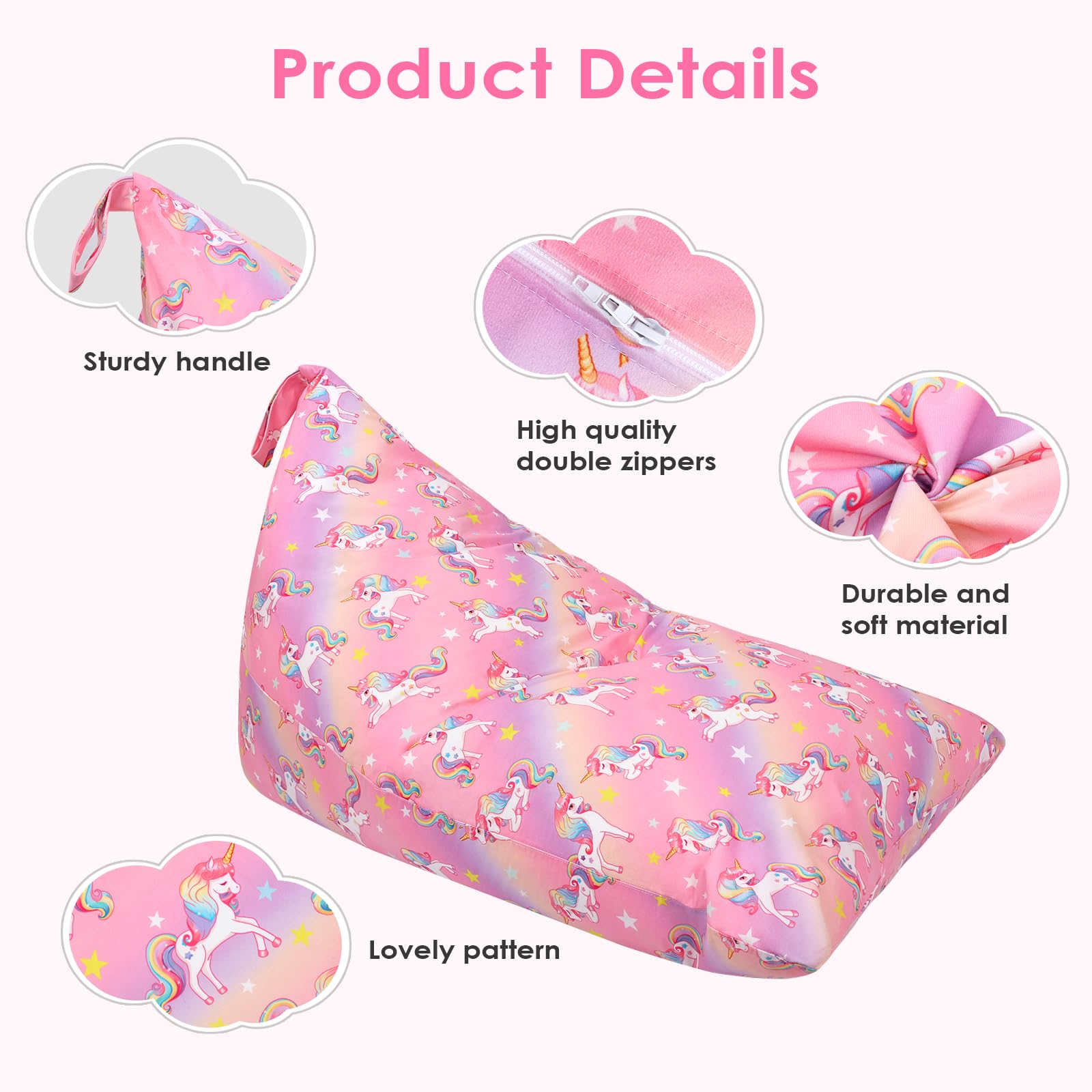 Puf de Almacenamiento de Animales de Peluche con Asa, Bolsa de Frijoles de Peluche para Niños y Adultos de Juguetes, Organizador de Juguetes Extra Grande Plegable (Sin Relleno), Unicornio Degradado