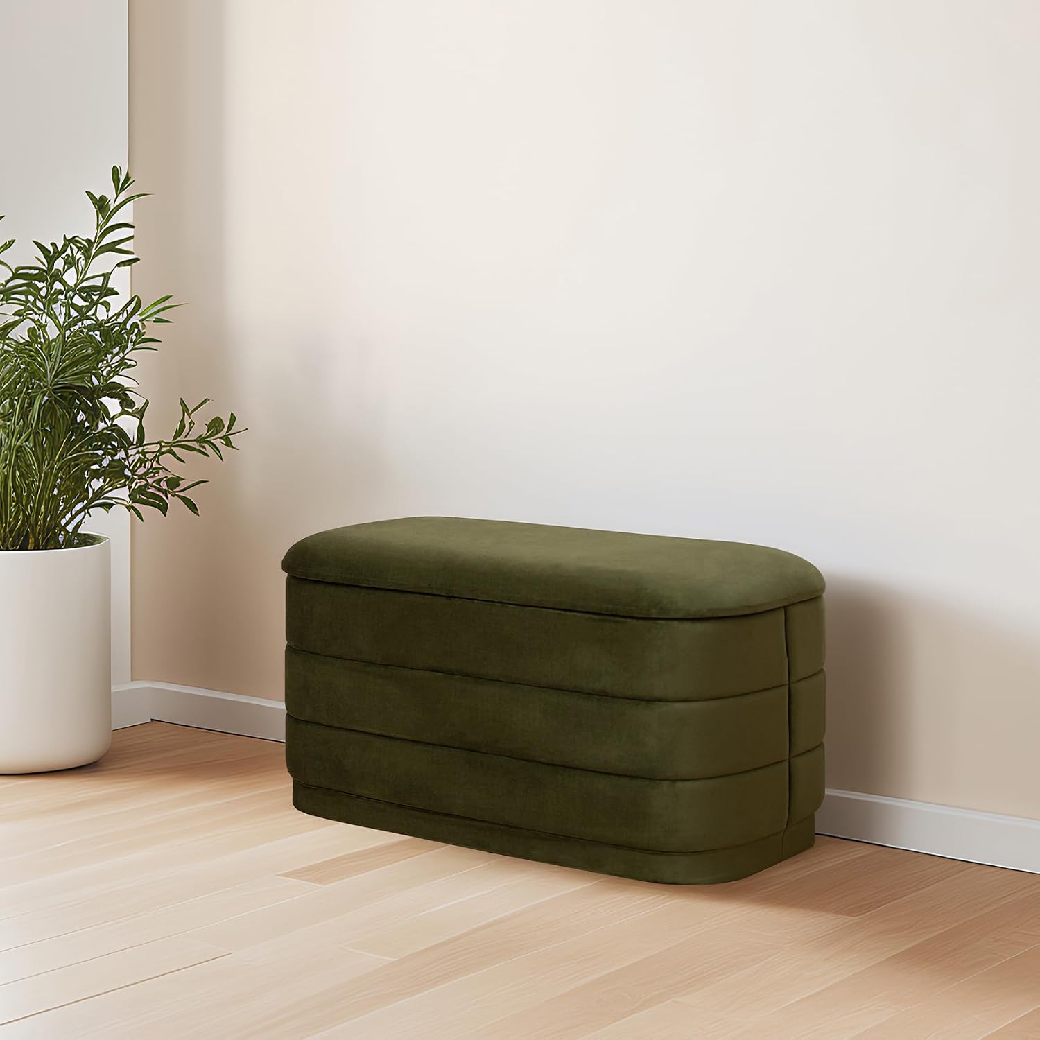 30" Velvet Storage Ottoman Bench with Wooden Tray Lid, Folding Large Upholstered Ottoman Footstool for Living Room, Rectangular Padded Foot Rest for Bedroom Living Room Dorm, Olive Green