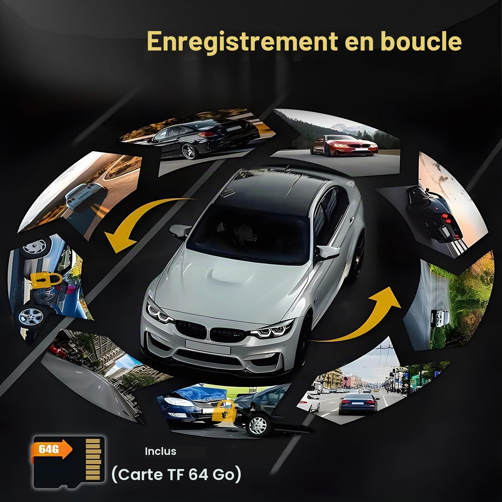 Inefala Full HD 1080P Dash Cam avec caméra de Voiture 360° à Quatre canaux, 2,4 Pouces Screen avec 64GB Memory et 8 IR Night Vision, Travel Recorder et G-Sensor et Parking Monitor
