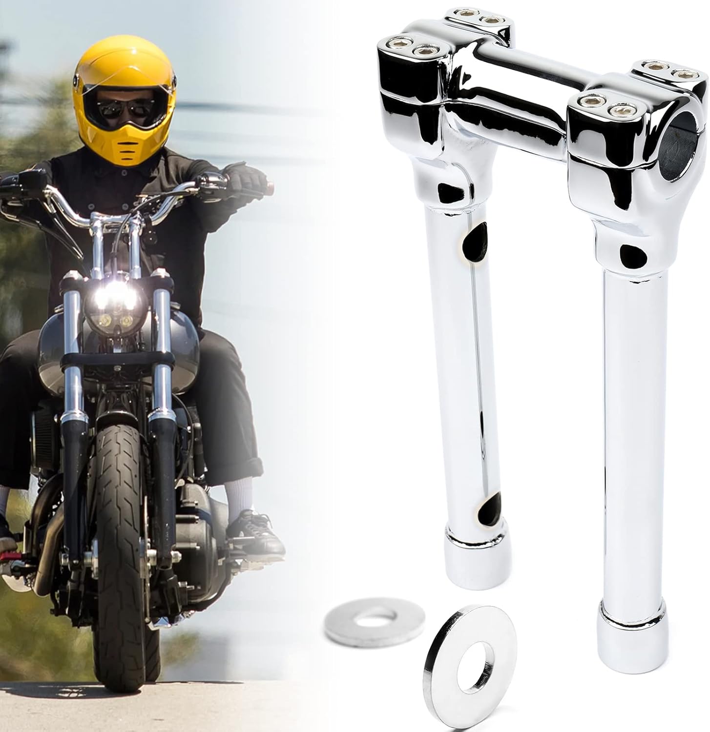 Chrome 1.25 inch Diameter Investment-cast steel Risers 14 inch Rise One-Piece Handlebar Top Clamp Kit for Harley Dyna Softail Sportster