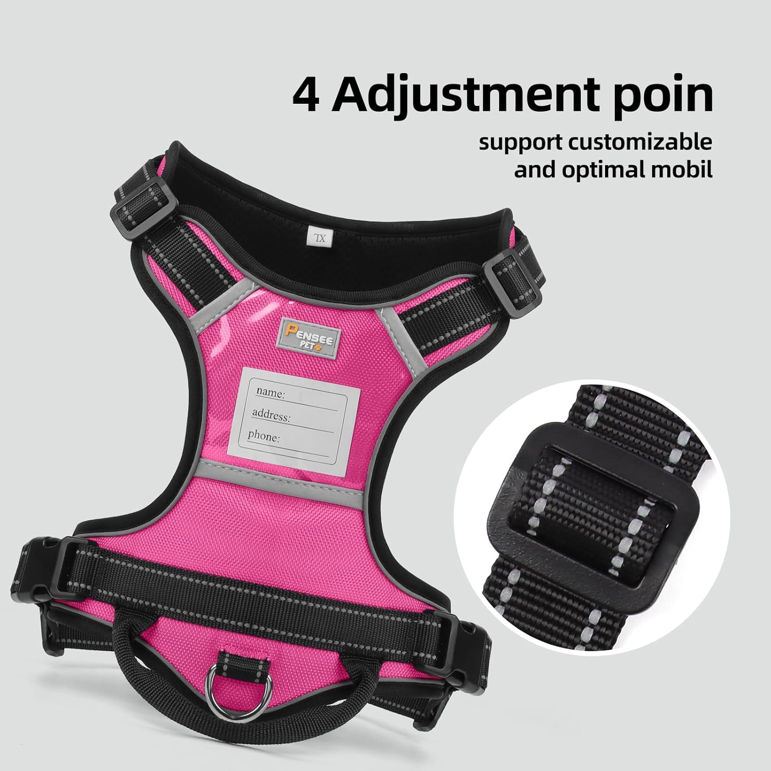 Dog Harness No Pull Dog Harness with 2 D-Ring,Adjustable Reflective Soft Padded Dog Vest Oxford Vest and Handle for Large Dogs Hot Pink,L
