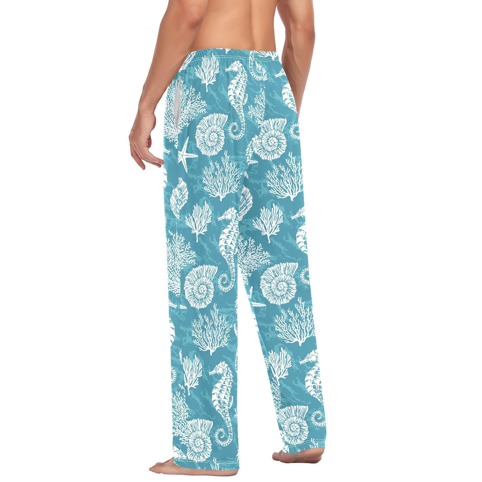 Herren-Pyjamahose mit Muschel, Seepferdchen, Koralle, 100 % Baumwolle, Schlafhose, gerade Passform, Pyjamahose mit Taschen, Kordelzug, Größe L, mehrfarbig, L