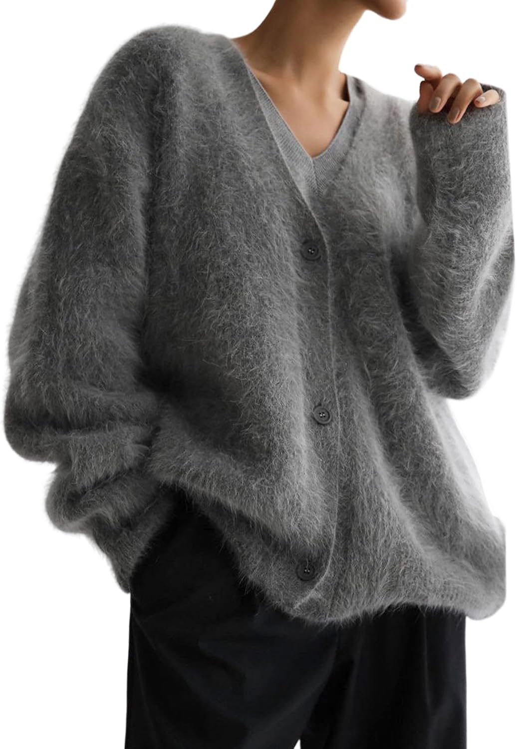 Flygo Womens Fuzzy Mohair Cardigan Sweaters V Neck Button Down Long Sleeve Fluffy Knit Open Front Slouchy Furry Sweater - Image 4