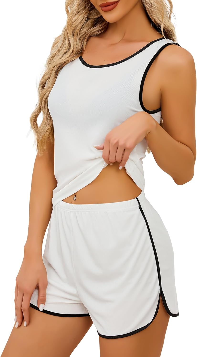 YYA Summer Pajamas for Women set Ribbed Pajama Short Set Color Block Tank&Shorts Loungewear Sleepwear, S-XXL - Image 2