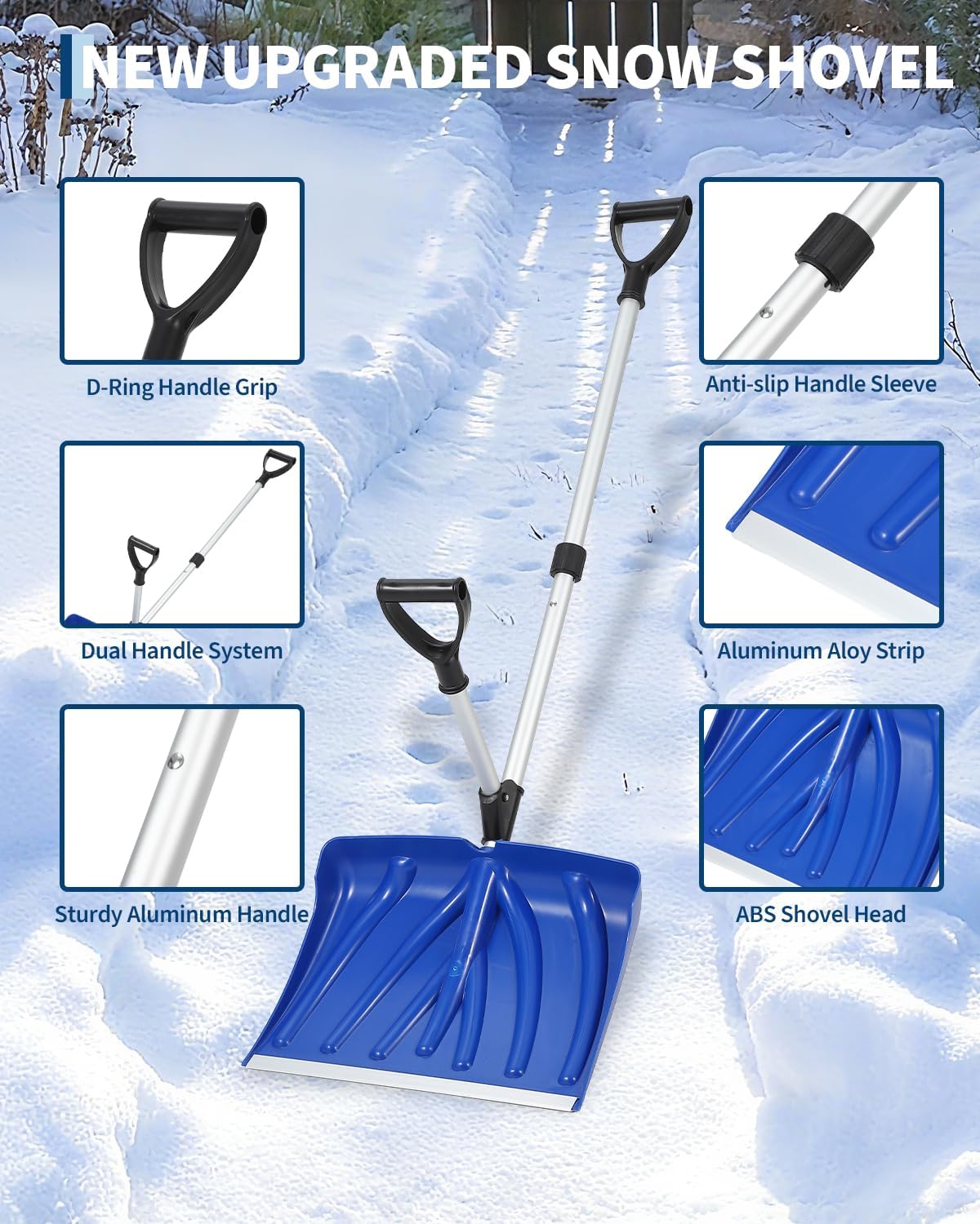 Snow Shovel with D-Ring Handle Grip, 18" Wx 13" H, Lightweight Snow Pusher Shovel for Driveway, Aluminum Wear Strip for Snow Removal Clear, for Garden, Deck, Black & Silver
