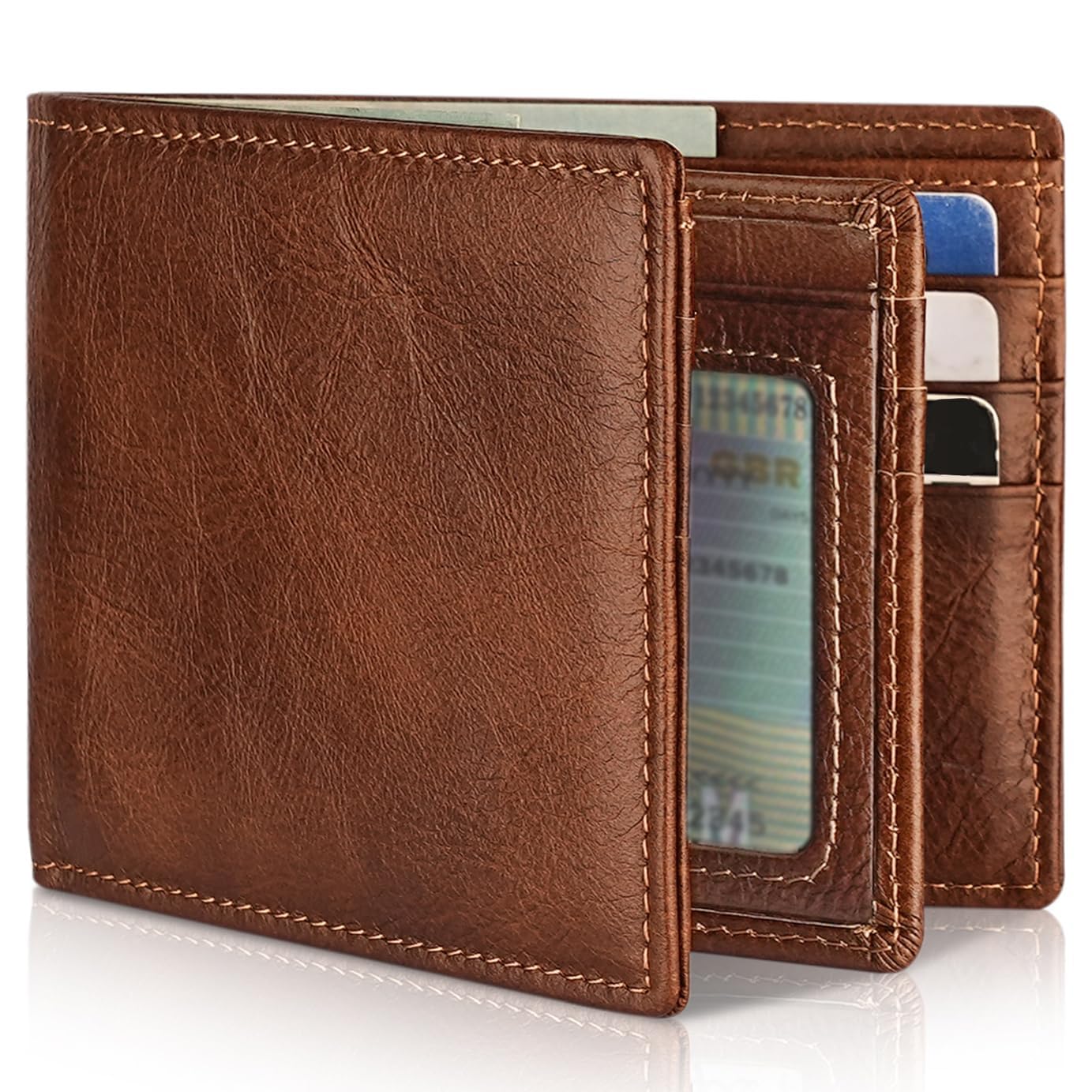 Mens Wallet Genuine Leather Bifold RFID Blocking Wallet for Men with 1 ID Window 13 Card Holders 2 cash pockets 1 Gift Box