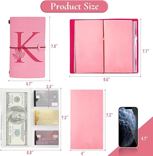 Miniatura 5 de Diario personalizado para regalo, diario de cuero con inicial rosa + juego de bolígrafo de corazón de diamante, cuaderno de viaje, bloc de notas