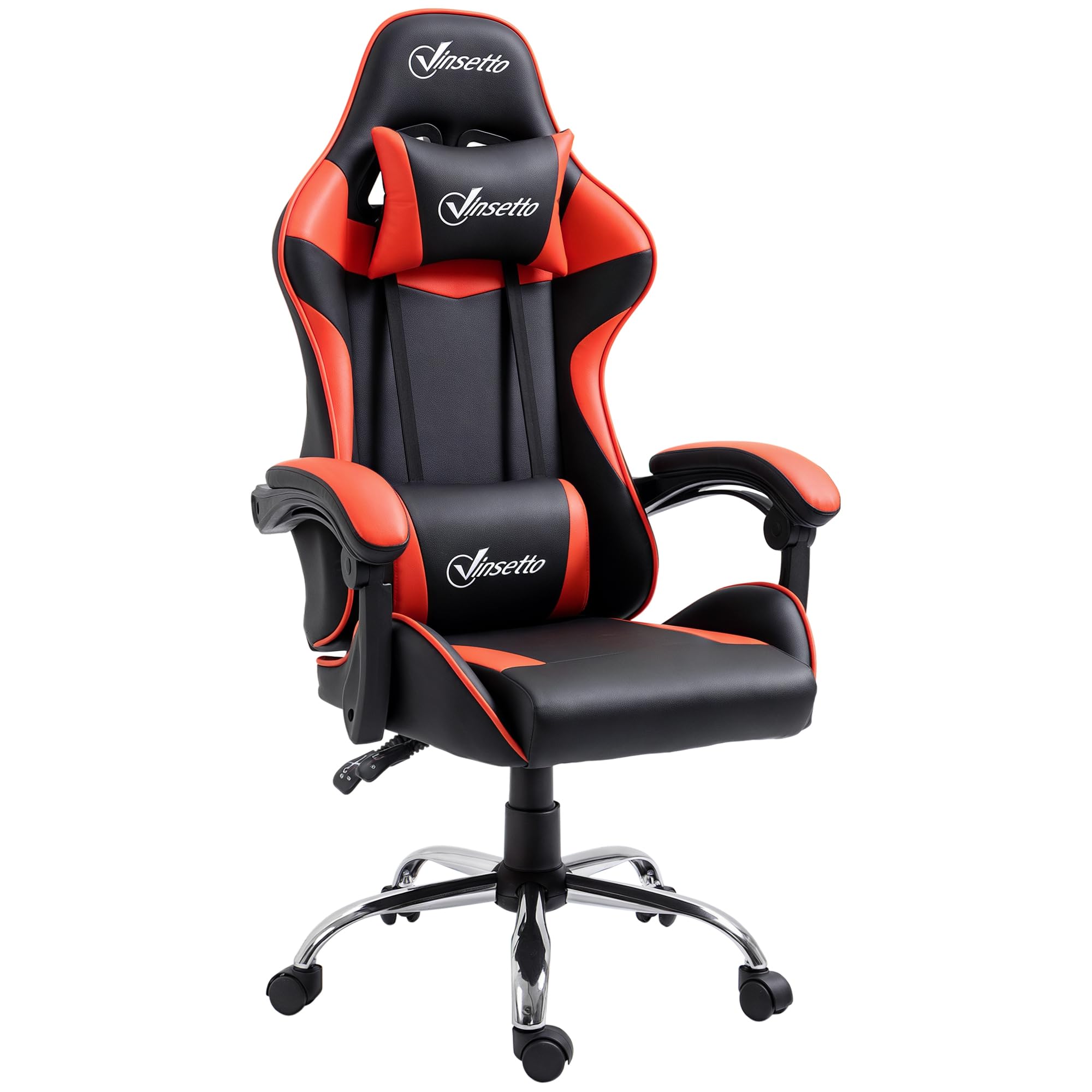 Vinsetto Silla Gaming Silla Racing Giratoria con Altura Ajustable Reclinable de 135° Reposacabezas y Cojín Lumbar para Oficina Estudio 63x67x122-​130 cm Rojo