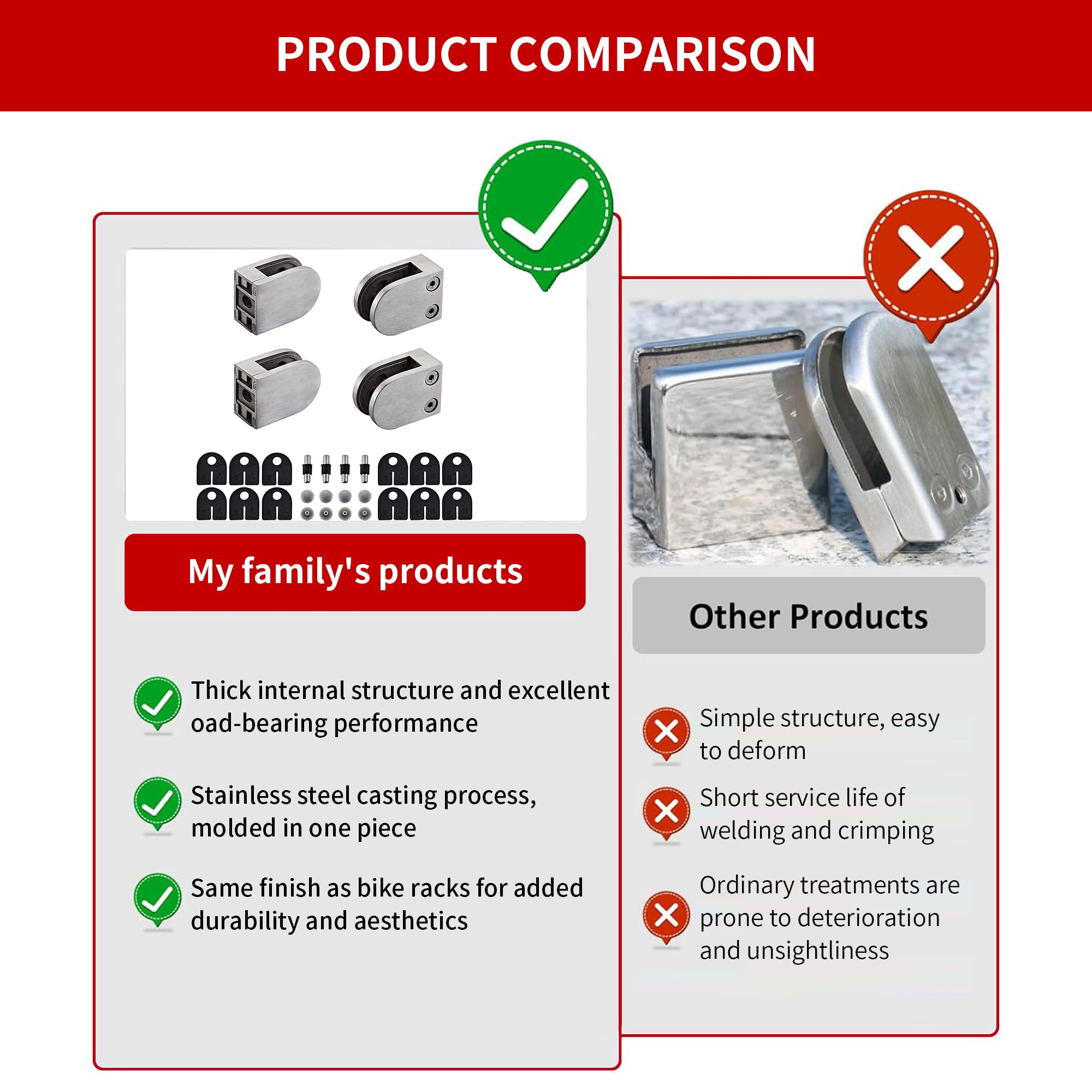 Abrazadera de vidrio – 4 soportes de vidrio para vidrio templado de 1/3 a 1/2 pulgadas (8 mm-12 mm), clip de vidrio redondo de acero inoxidable 304 con parte trasera plana pulida para barandilla