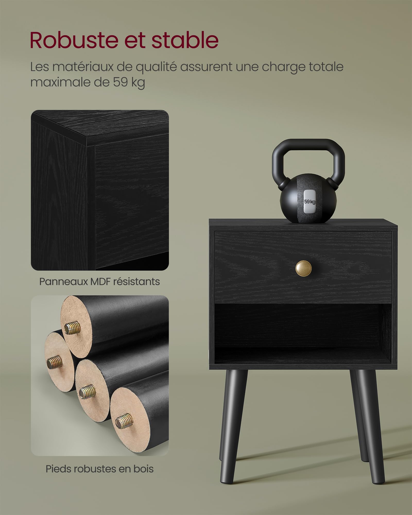 VASAGLE Table de Chevet, Table d'appoint avec tiroir de Rangement et étagère Ouverte, Pieds en Bois Massif, Table d'appoint pour Salon, Chambre à Coucher, canapé, Noir ébène LET655B56
