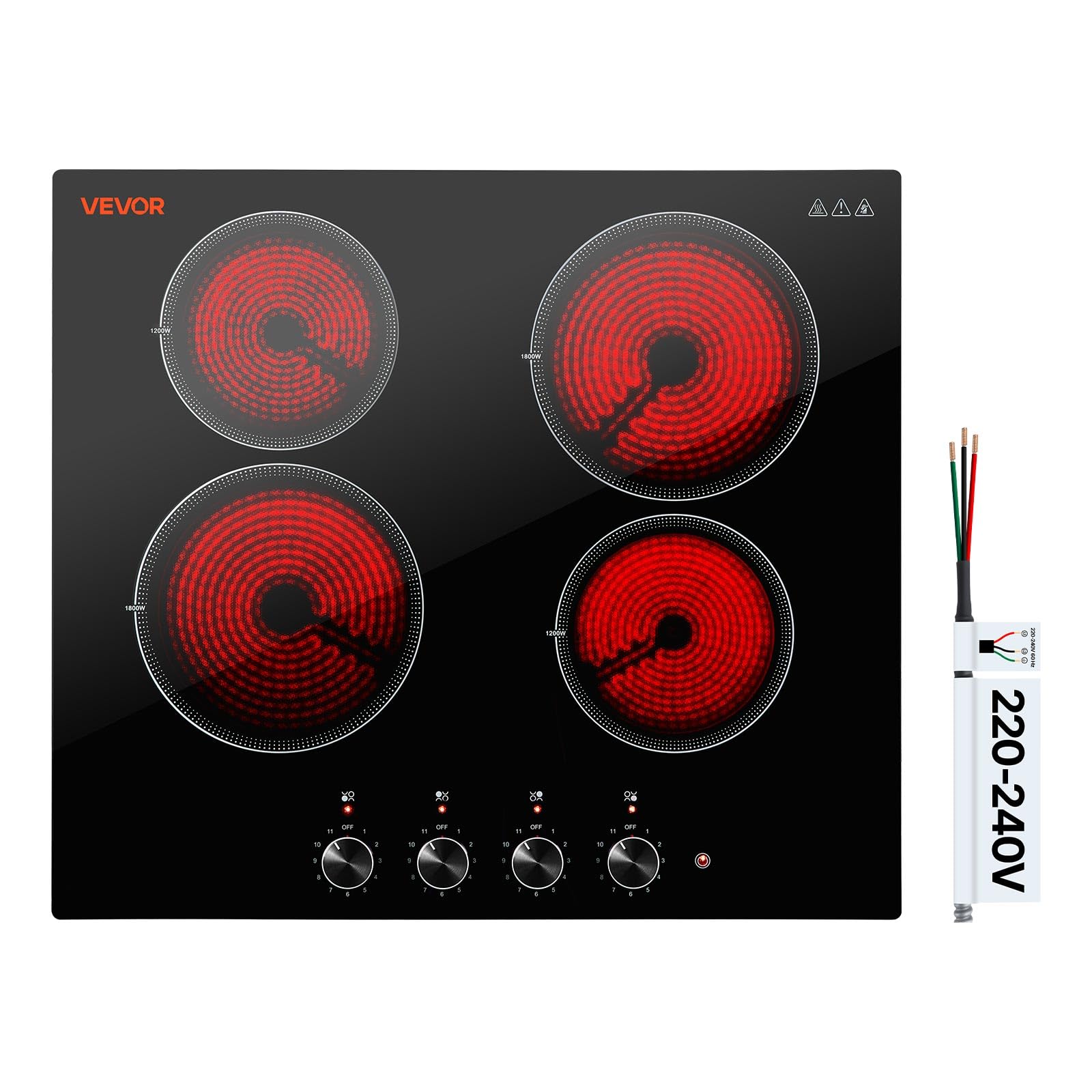 VEVOR Electric Cooktop 24inch 4 Burners Stove Top 6000W 220V No Plug, Ceramic Built-in Radiant Electric Stove, with 11 Power Levels, Over-Heat Guard, Knob Control, for Diverse Cooking Requirements