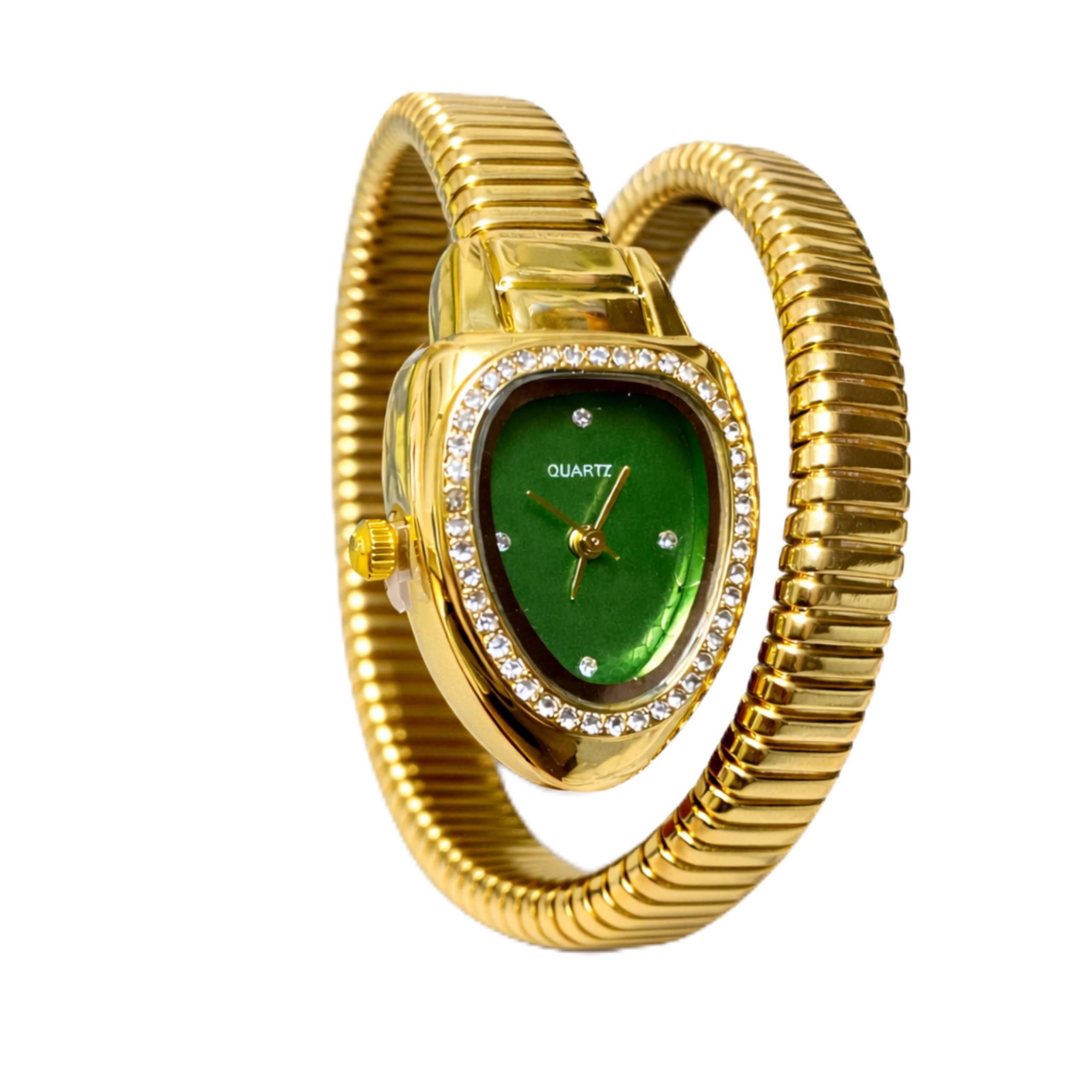 Stylish Steps Women's Gold Snake Chain Bracelet Watch, Crystal Studded Oval Dial, Green Dial, Quartz Movement, Party and-image-17