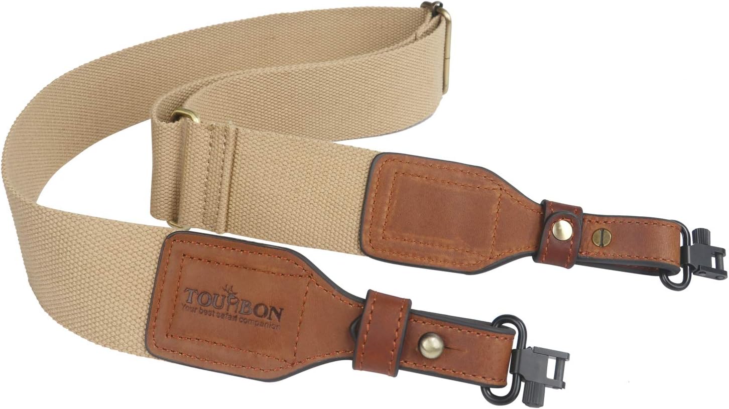 TOURBON 2-inch Cotton and Genuine Leather Shotgun Rifle Gun Sling Carry Strap - Khaki Trim with Brown (With Swivel) - Image 4